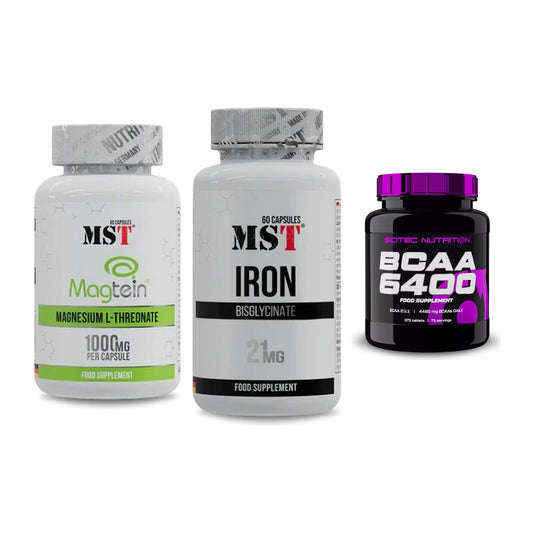 Ausdauer-Set: MST Magnesium + MST Iron Bisglyc + Scitec BCAA 6400 – alle enthaltenen Artikel