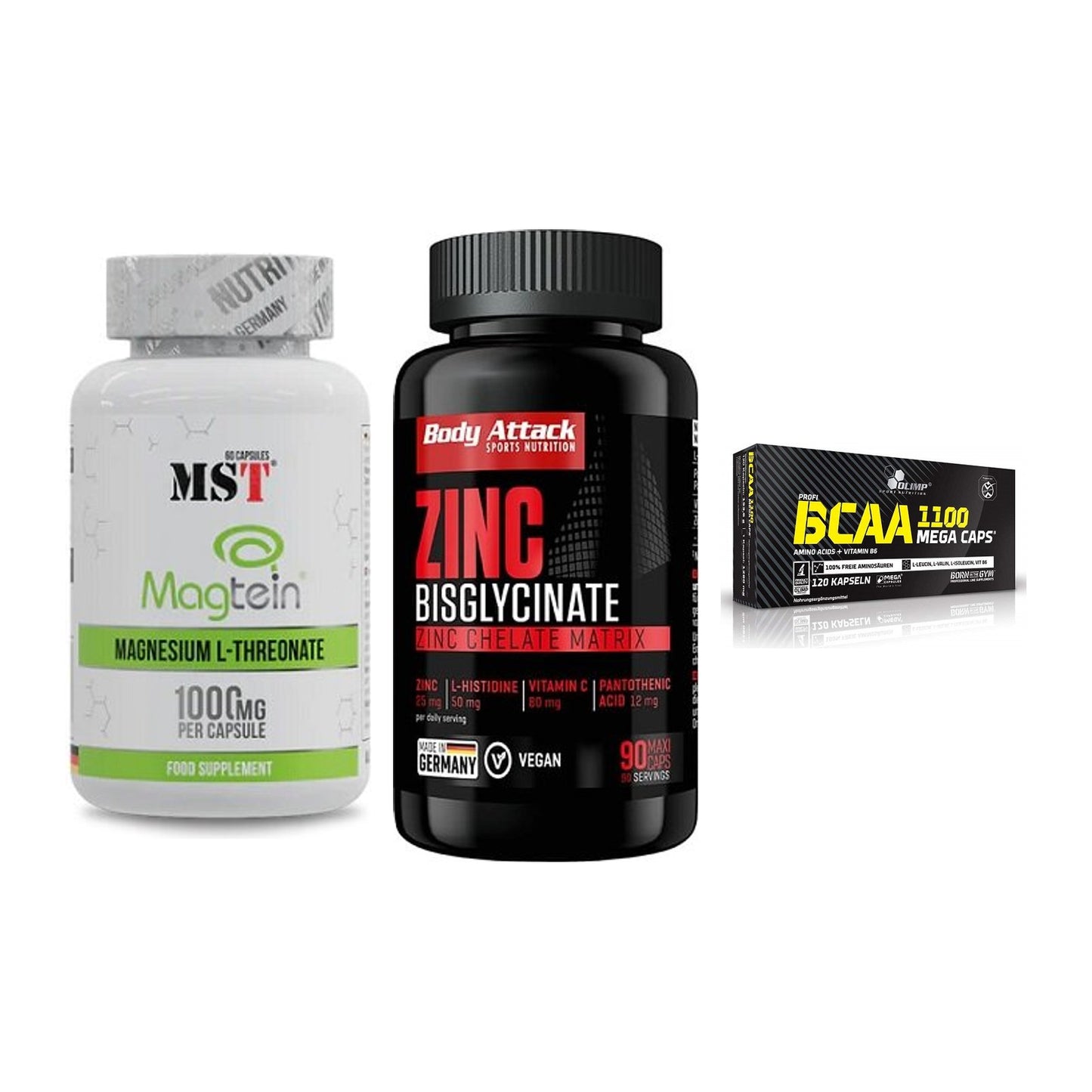Ausdauer-Set: MST Magnesium + Body Attack Zink + Olimp BCAA Mega – alle enthaltenen Artikel