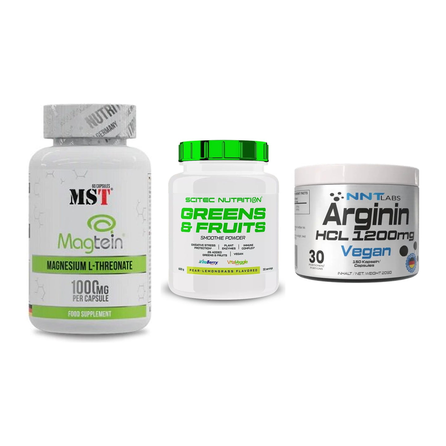 Ausdauer-Set: MST Magnesium + Scitec Greens + NNT Arginin HCL – alle enthaltenen Artikel