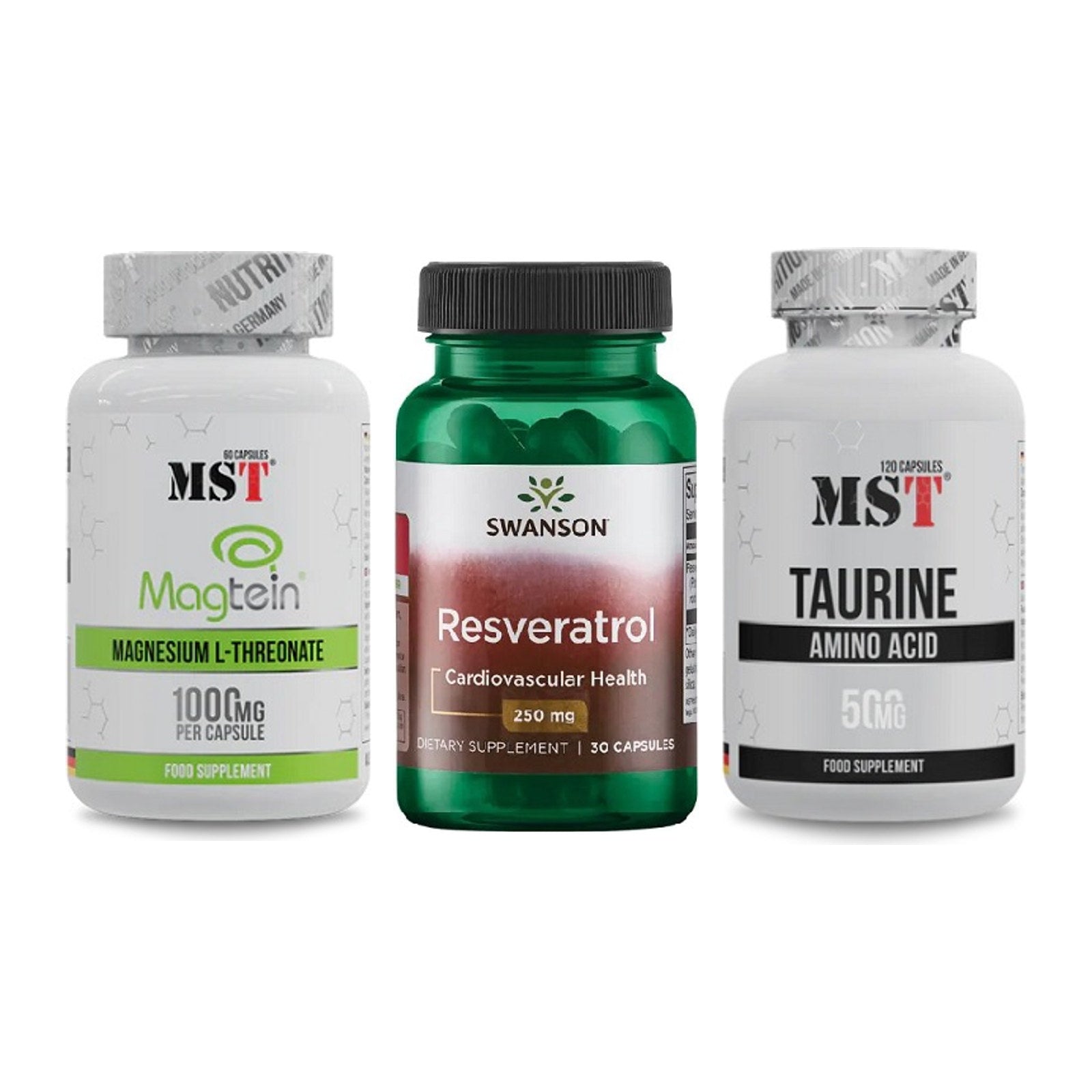 Ausdauer-Set: MST Magnesium + Swanson Resverat + MST Taurine – alle enthaltenen Artikel
