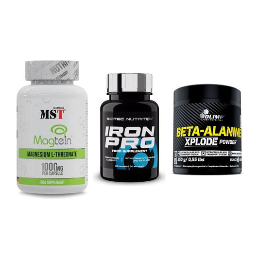 Ausdauer-Set: MST Magnesium + Scitec Iron Pro + Olimp Beta-Alani – alle enthaltenen Artikel