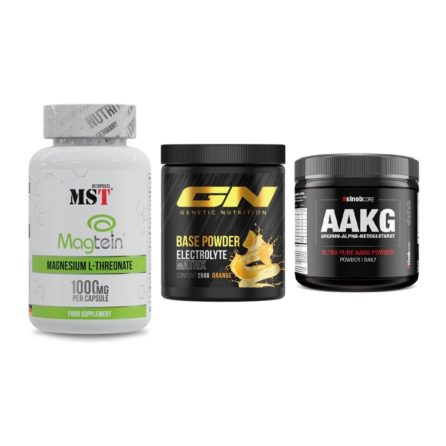 Ausdauer-Set: MST Magnesium + GN Base Powder + Sinob Core – alle enthaltenen Artikel