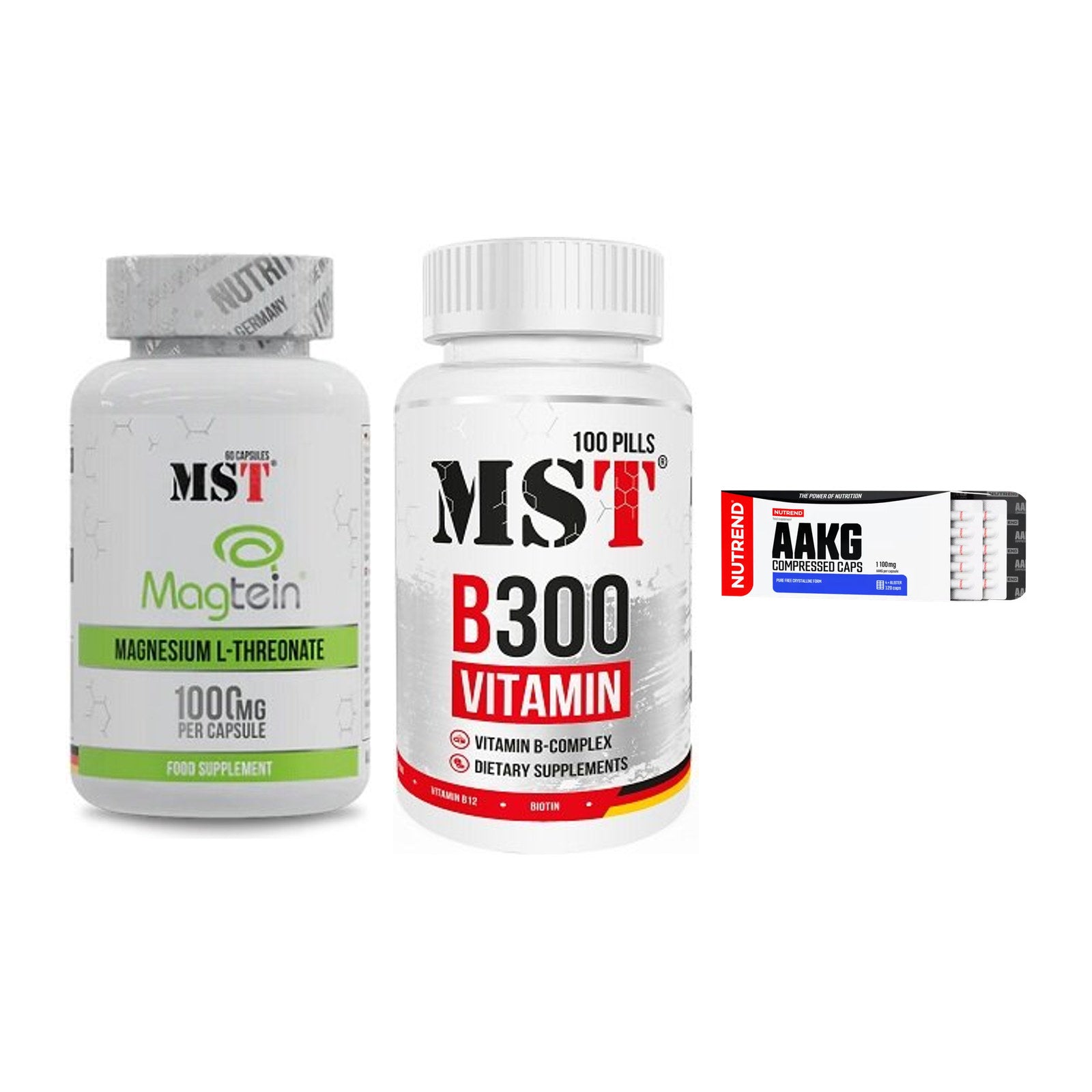 Ausdauer-Set: MST Magnesium + MST B300 B-Compl + Nutrend AAKG – alle enthaltenen Artikel
