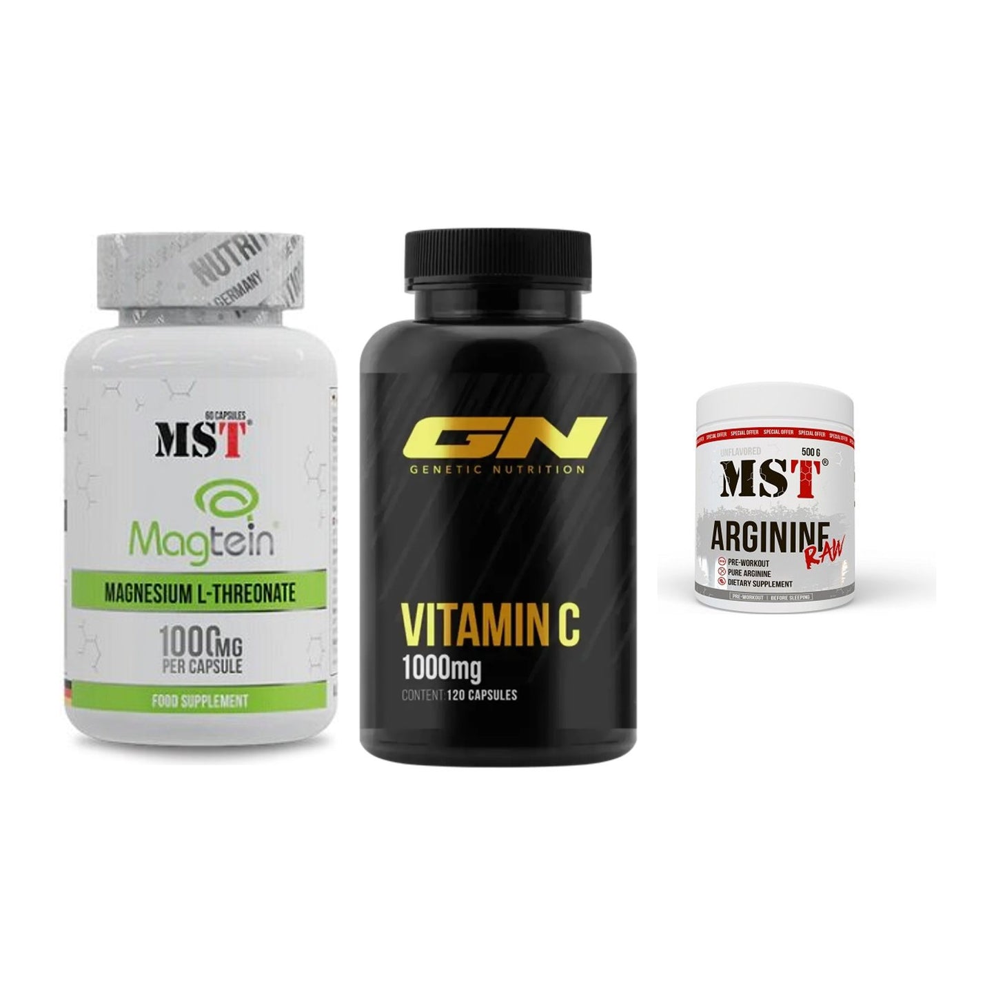 Ausdauer-Set: MST Magnesium + GN Vitamin C + MST Arginine RAW – alle enthaltenen Artikel