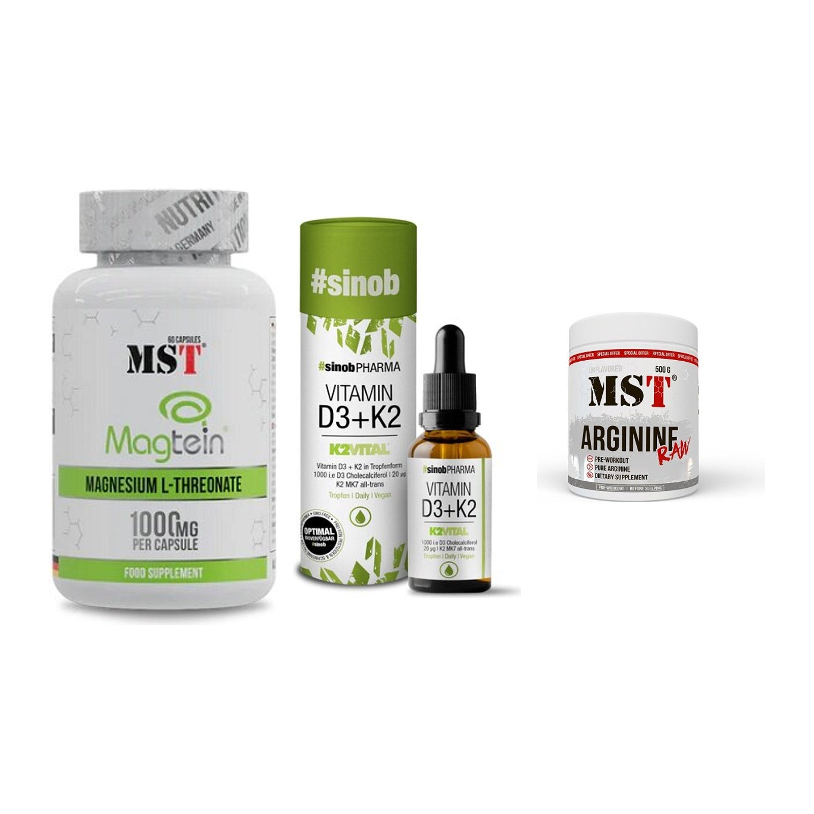 Ausdauer-Set: MST Magnesium + Sinob Vitamin D3 + MST Arginine RAW – alle enthaltenen Artikel