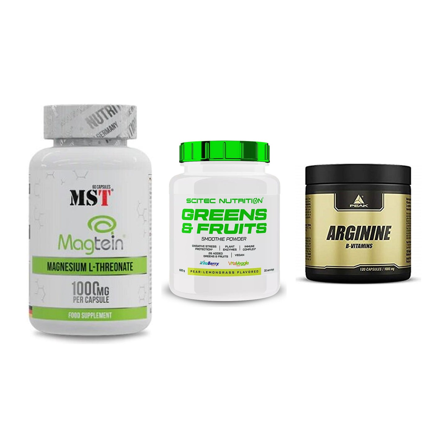 Ausdauer-Set: MST Magnesium + Scitec Greens + Peak Arginin – alle enthaltenen Artikel