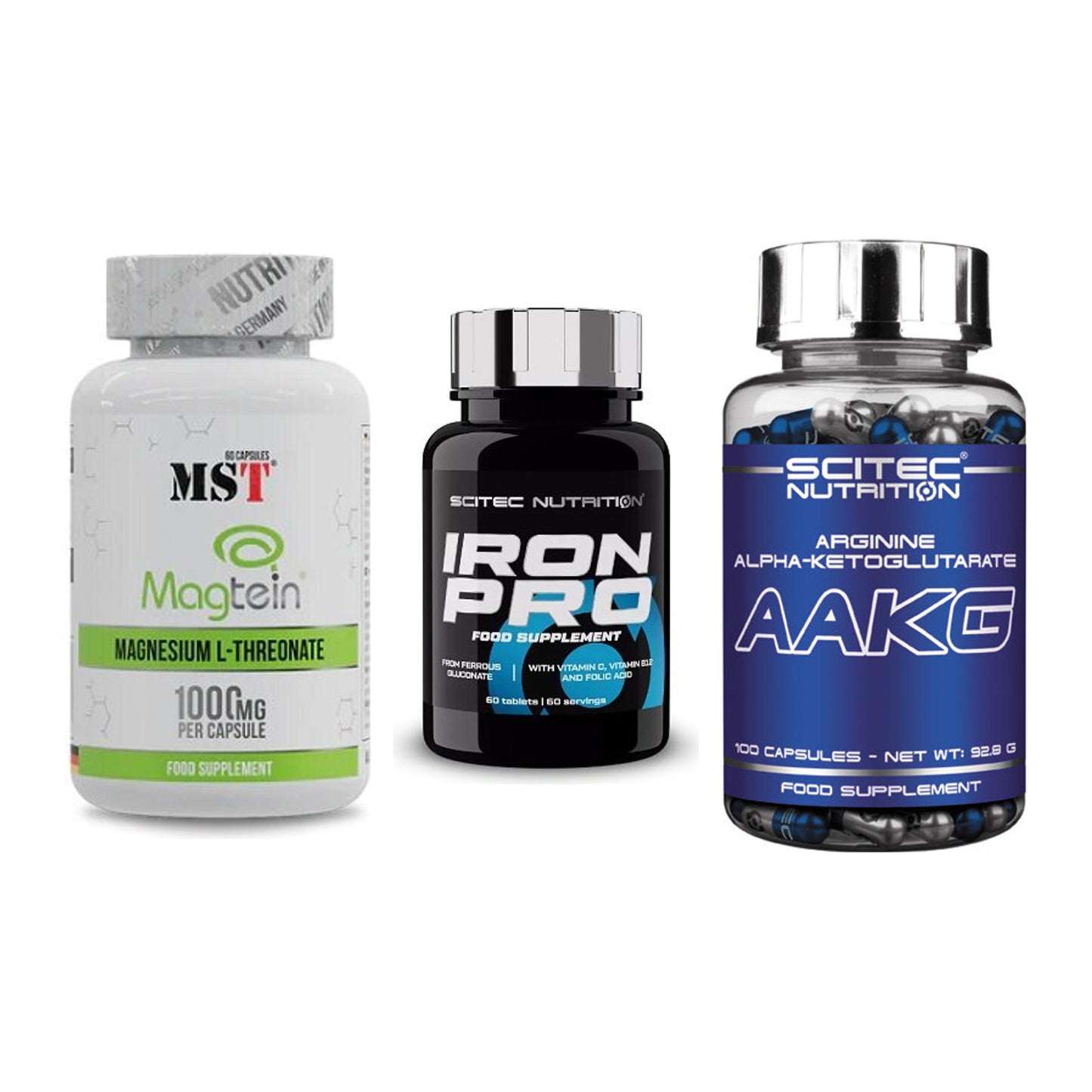 Ausdauer-Set: MST Magnesium + Scitec Iron Pro + Scitec AAKG – alle enthaltenen Artikel