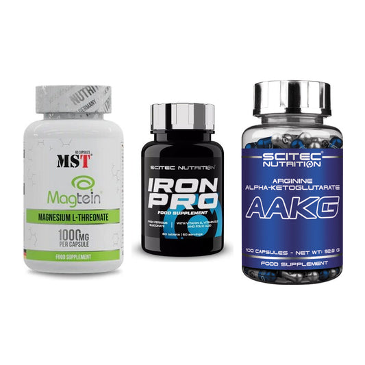 Ausdauer-Set: MST Magnesium + Scitec Iron Pro + Scitec AAKG – alle enthaltenen Artikel
