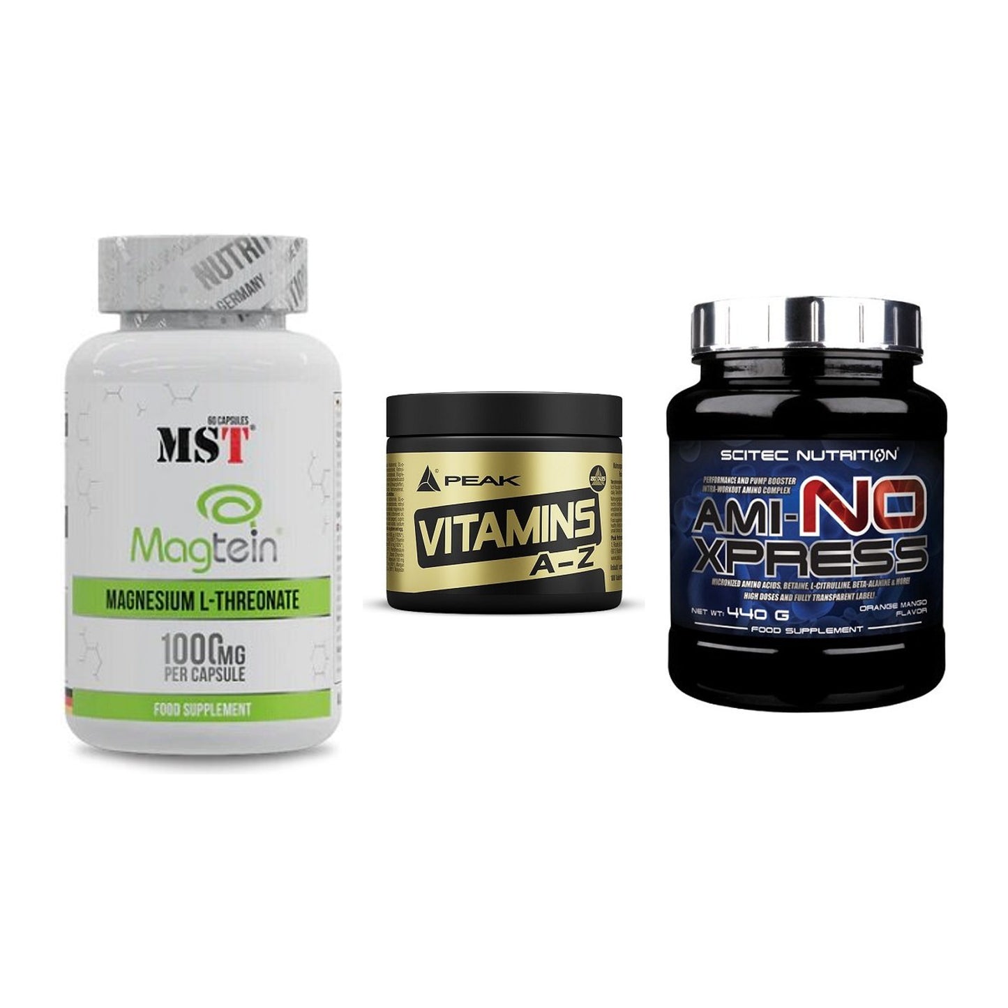 Ausdauer-Set: MST Magnesium + Peak Vitamin A-Z + Scitec Ami-NO – alle enthaltenen Artikel