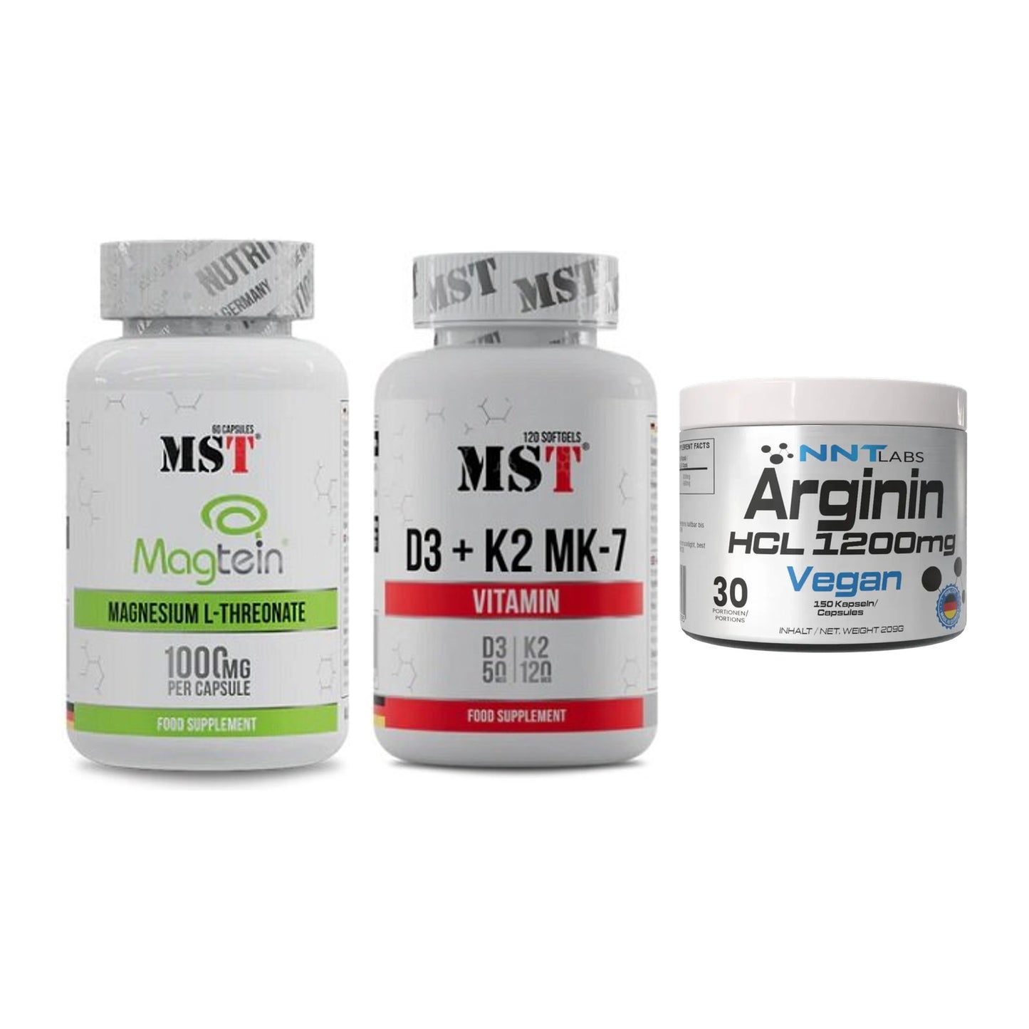 Ausdauer-Set: MST Magnesium + MST Vitamin D3 + NNT Arginin HCL – alle enthaltenen Artikel