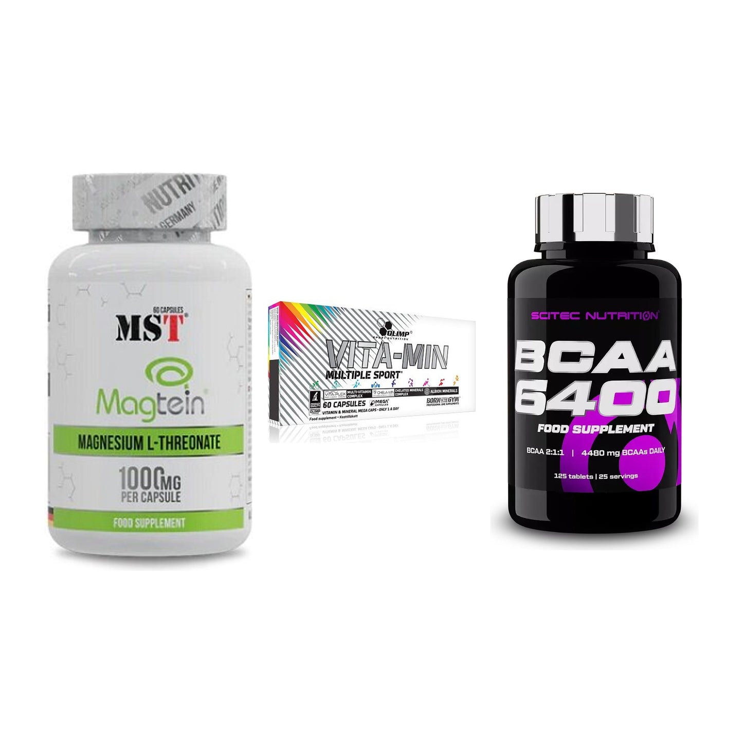 Ausdauer-Set: MST Magnesium + Olimp Vita-Min + Scitec BCAA 6400 – alle enthaltenen Artikel