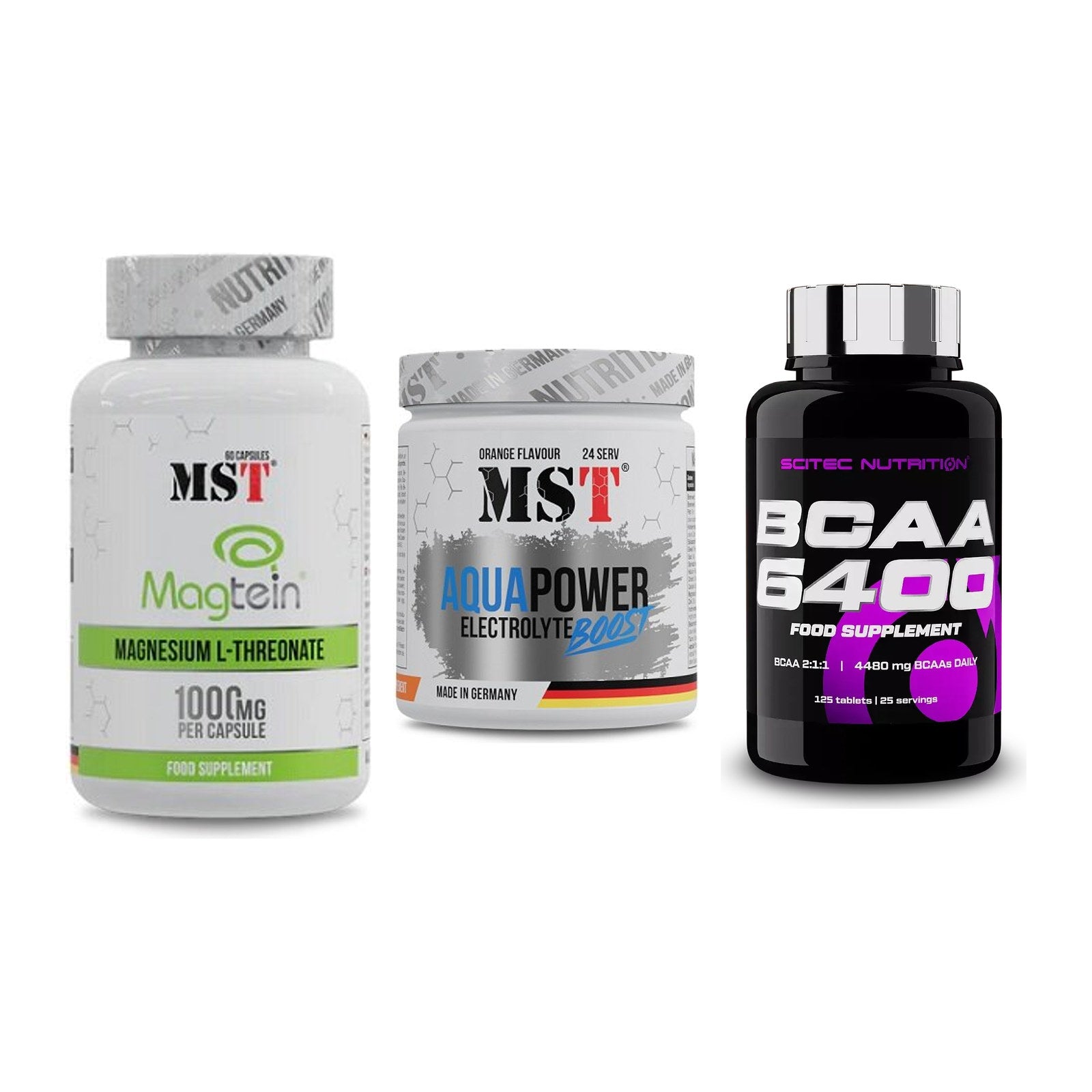 Ausdauer-Set: MST Magnesium + MST Aqua Power + Scitec BCAA 6400 – alle enthaltenen Artikel