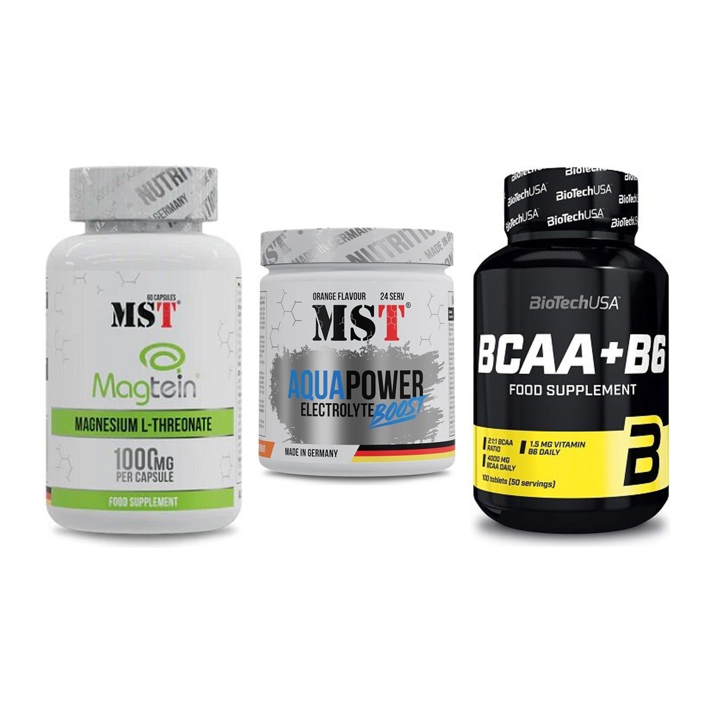 Ausdauer-Set: MST Magnesium + MST Aqua Power + BioTech BCAA+B6 – alle enthaltenen Artikel