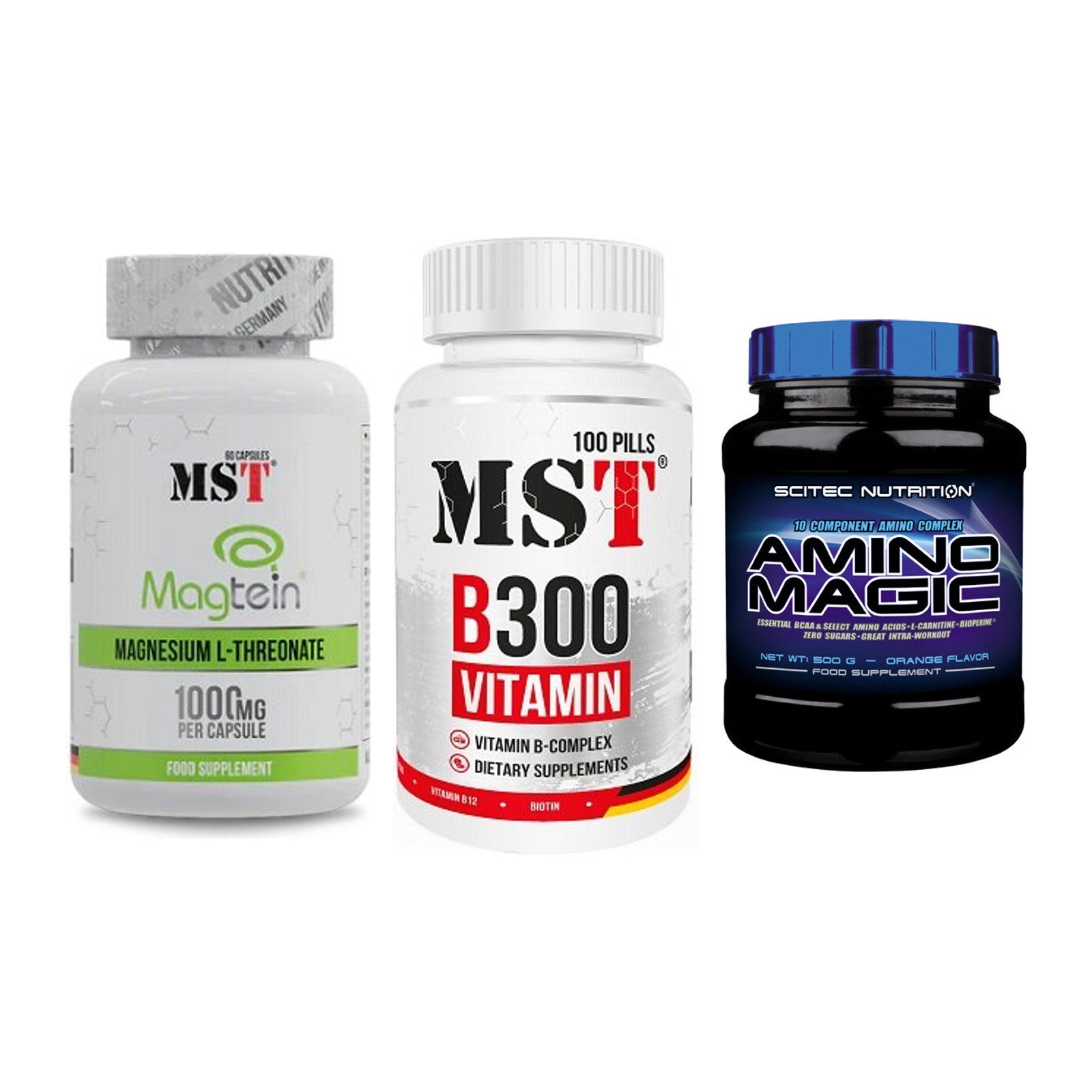 Ausdauer-Set: MST Magnesium + MST B300 B-Compl + Scitec Amino – alle enthaltenen Artikel