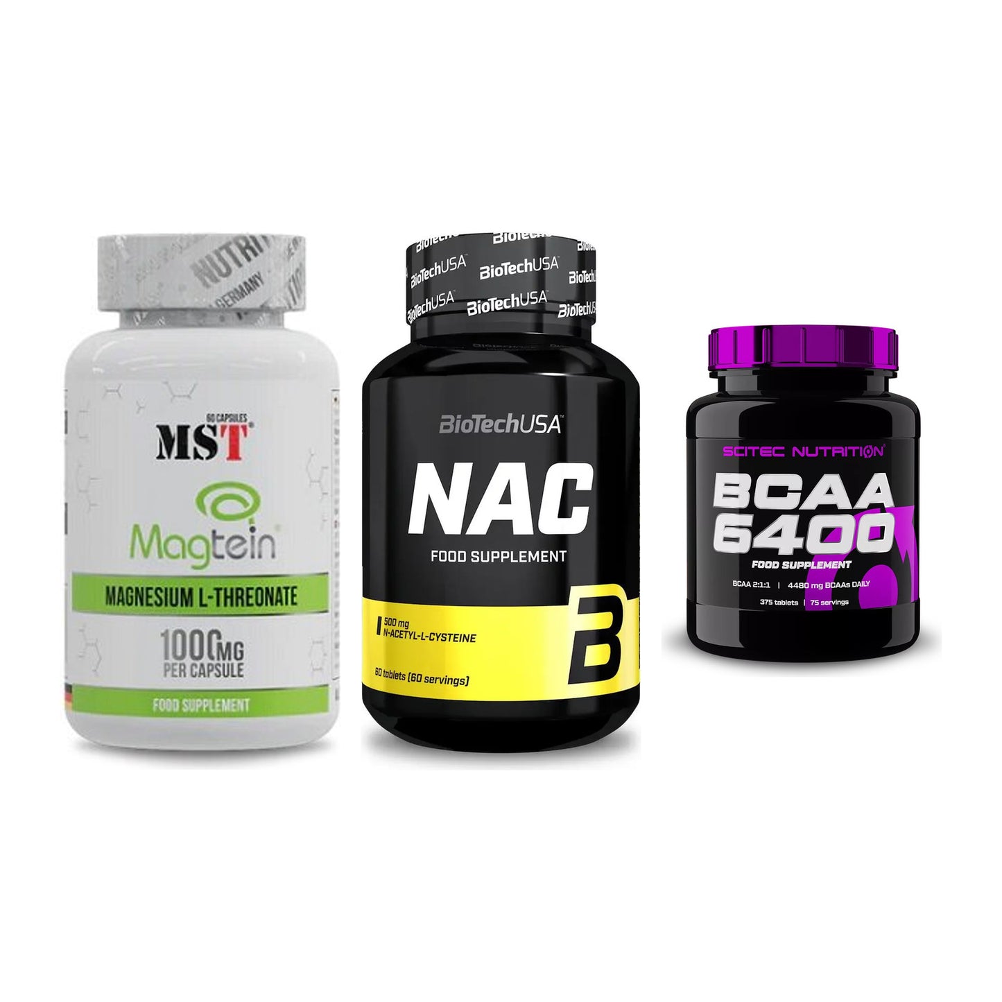 Ausdauer-Set: MST Magnesium + BioTech NAC + Scitec BCAA 6400 – alle enthaltenen Artikel