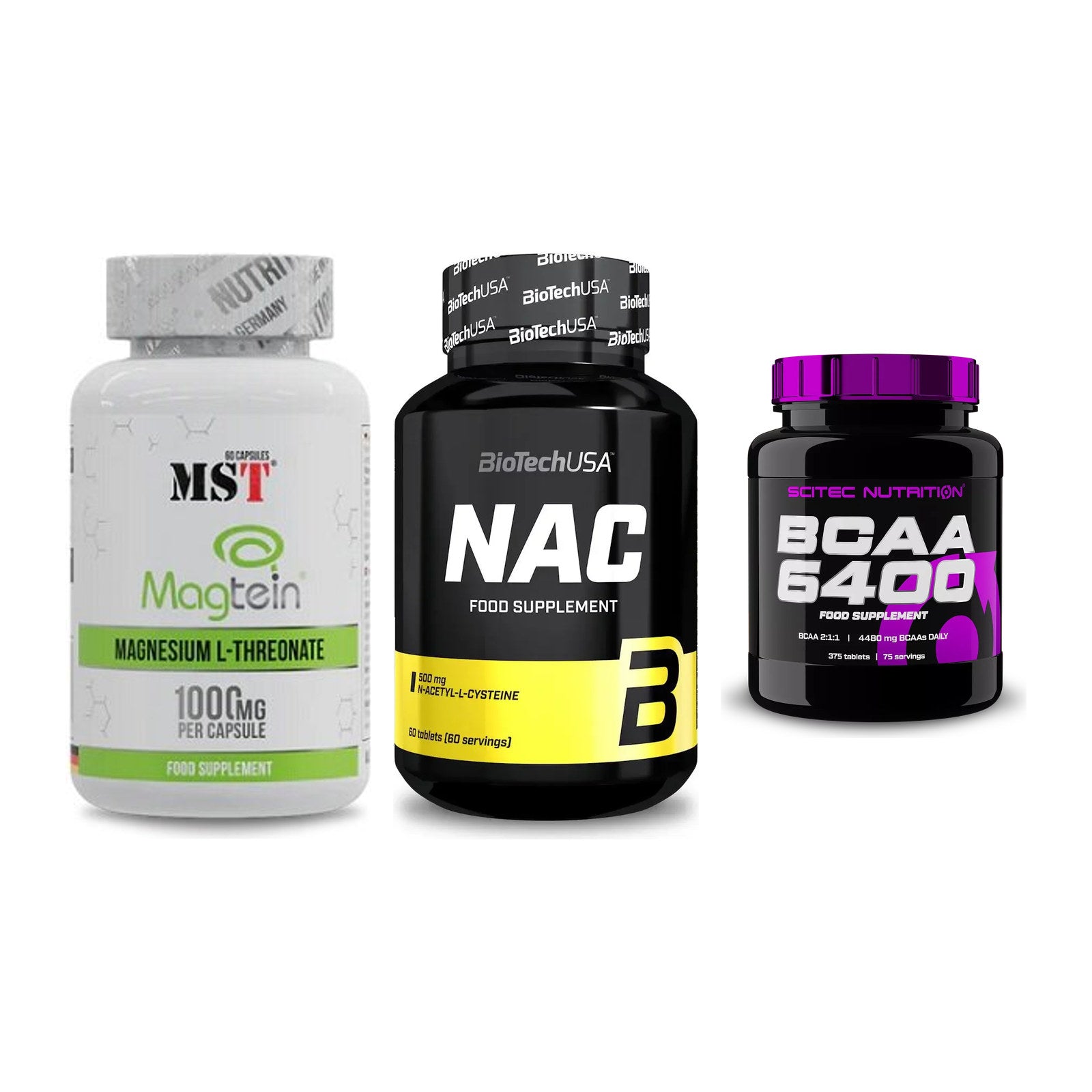 Ausdauer-Set: MST Magnesium + BioTech NAC + Scitec BCAA 6400 – alle enthaltenen Artikel