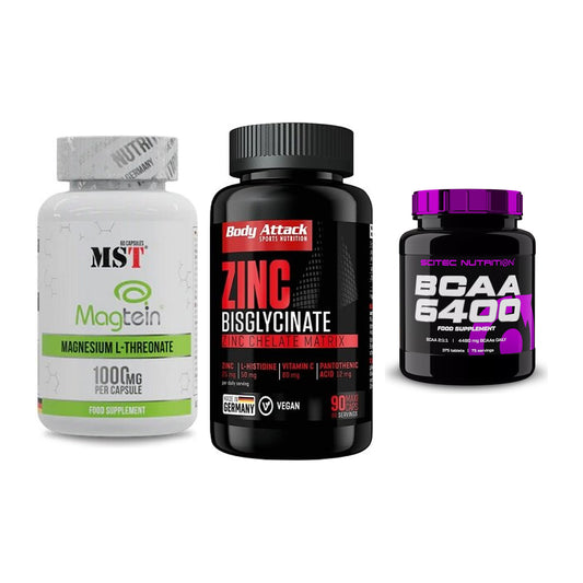 Ausdauer-Set: MST Magnesium + Body Attack Zink + Scitec BCAA 6400 – alle enthaltenen Artikel