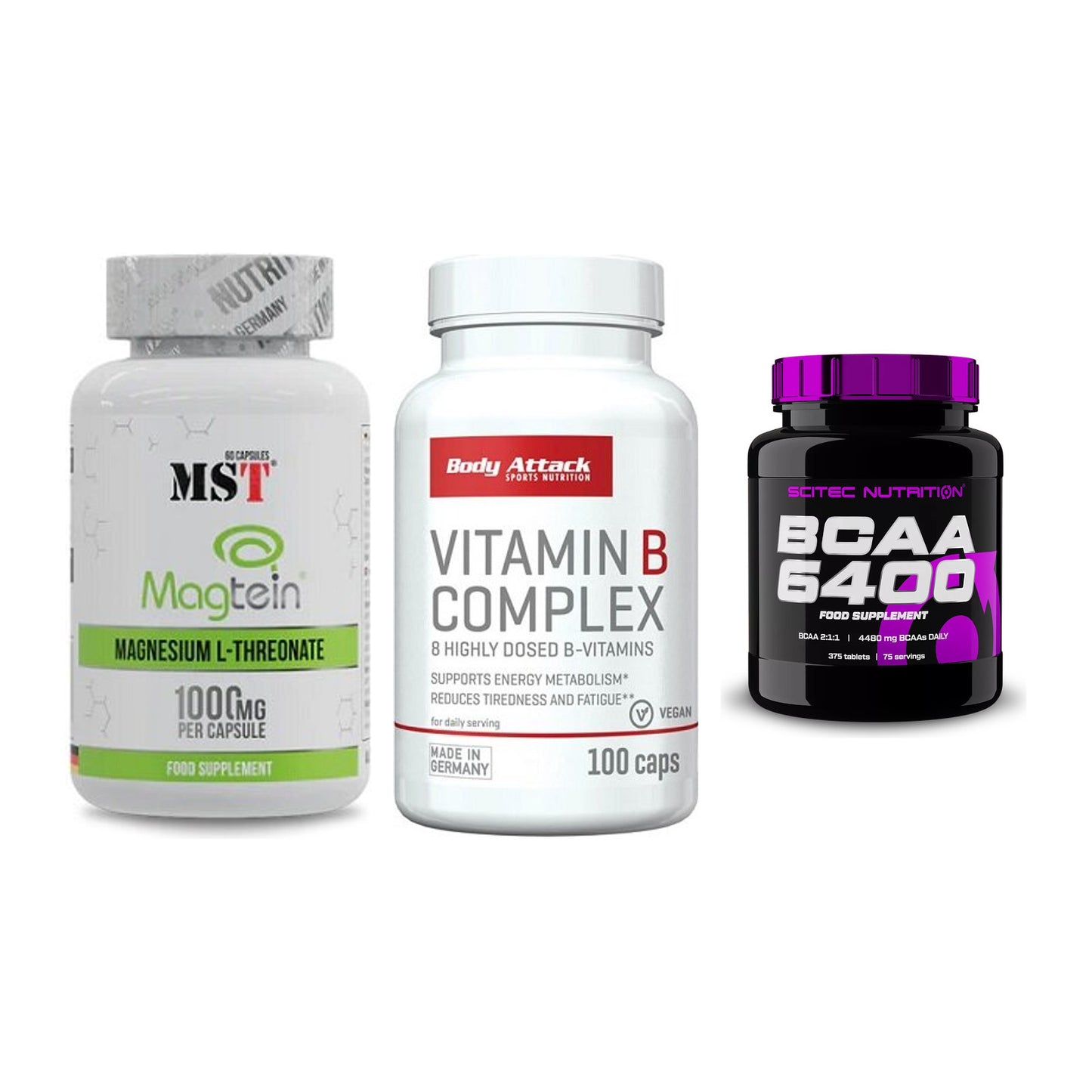 Ausdauer-Set: MST Magnesium + Body Attack + Scitec BCAA 6400 – alle enthaltenen Artikel