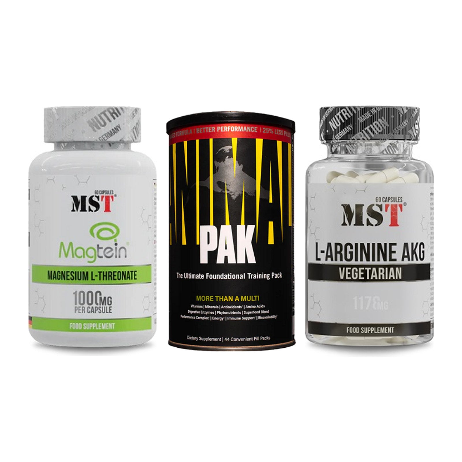 Ausdauer-Set: MST Magnesium + Universal Animal + MST Arginin AAKG – alle enthaltenen Artikel