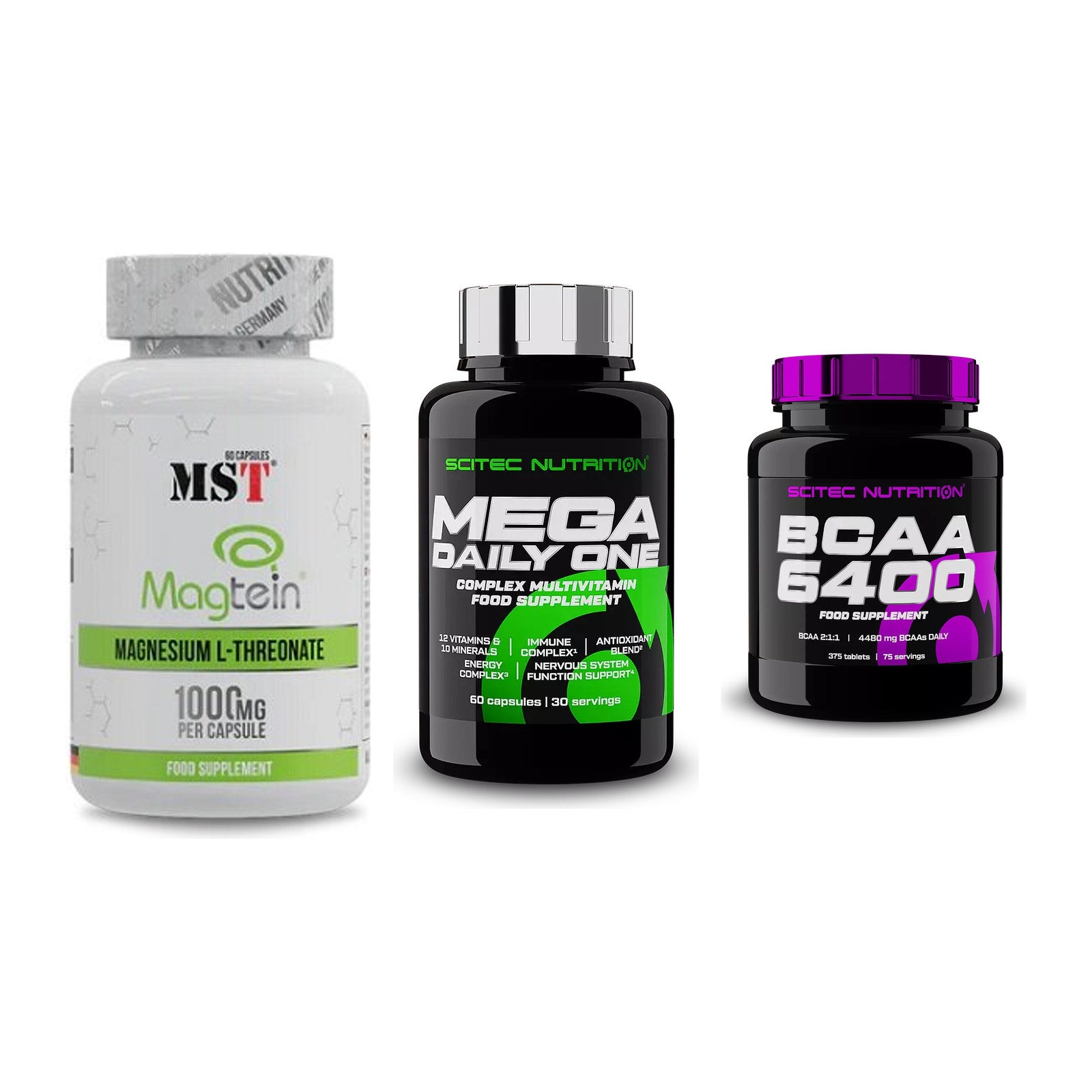 Ausdauer-Set: MST Magnesium + Scitec Mega + Scitec BCAA 6400 – alle enthaltenen Artikel