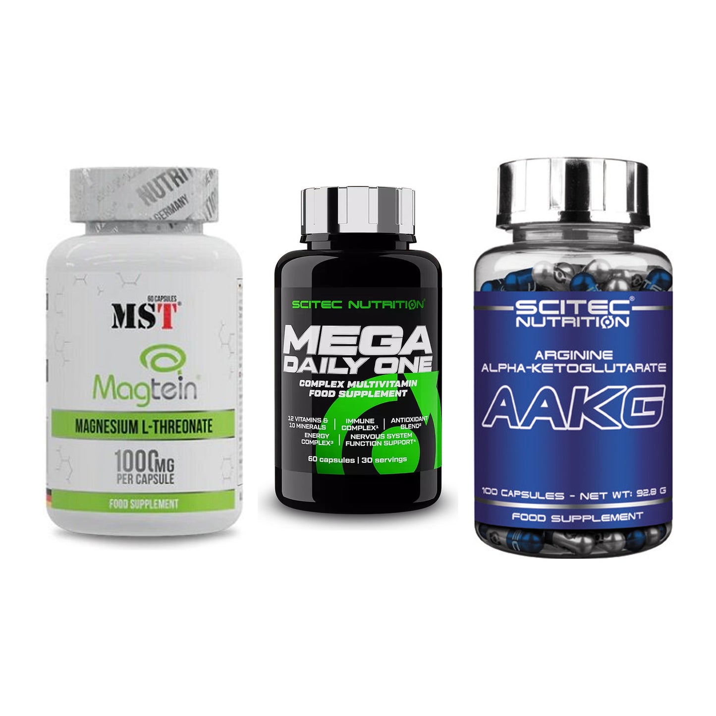 Ausdauer-Set: MST Magnesium + Scitec Mega + Scitec AAKG – alle enthaltenen Artikel