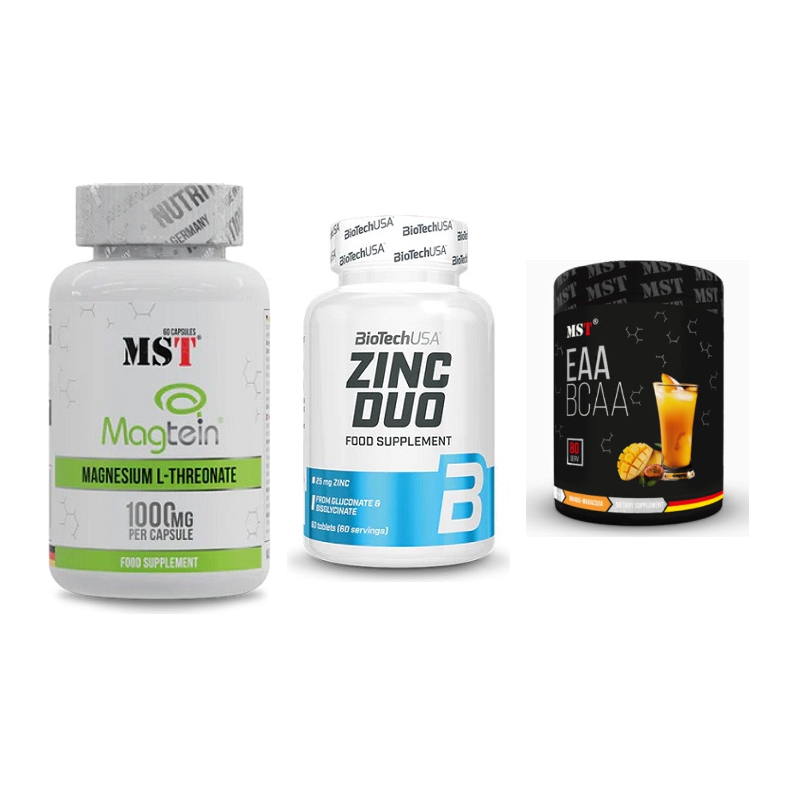 Ausdauer-Set: MST Magnesium + BioTech Zinc Duo + MST EAA & BCAA – alle enthaltenen Artikel