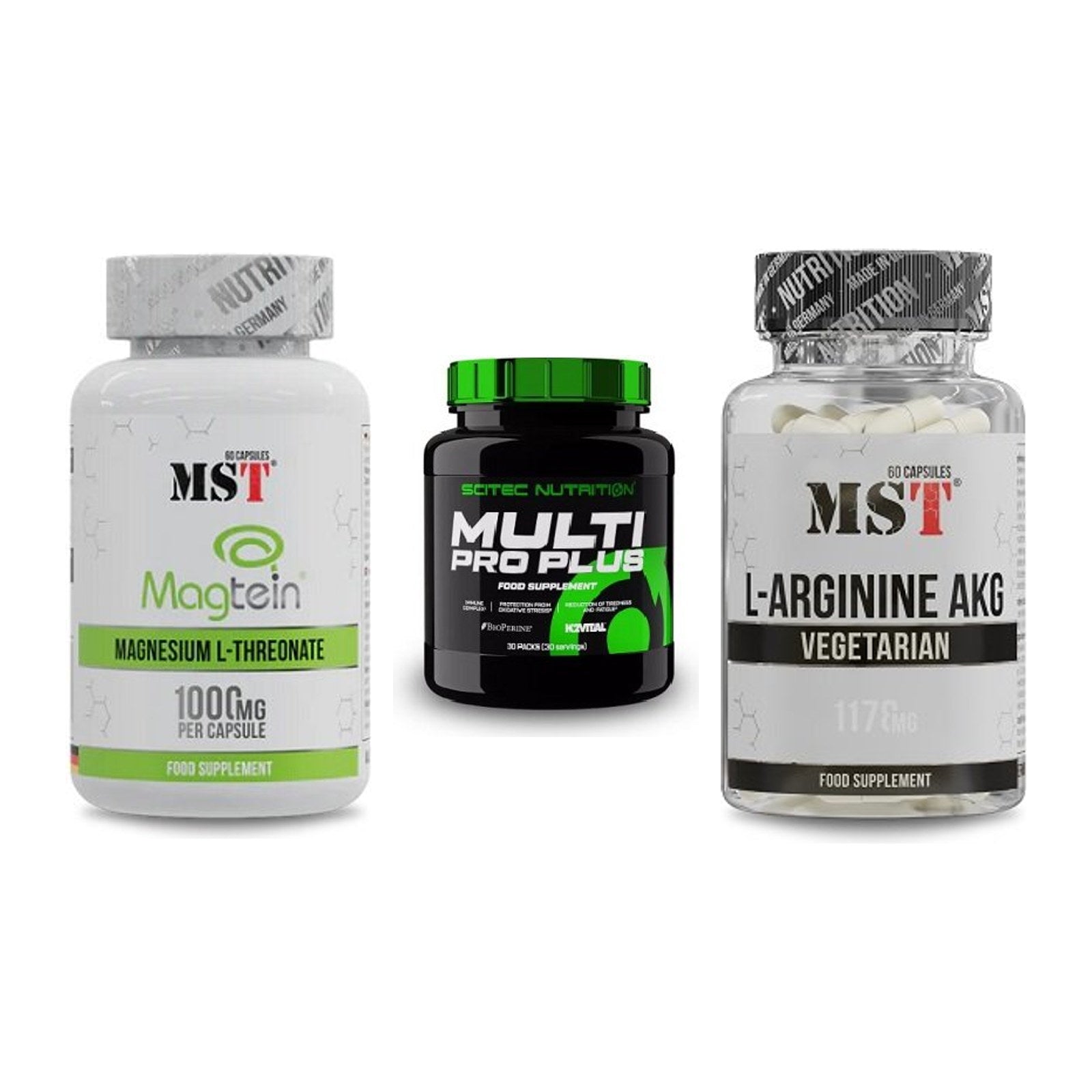 Ausdauer-Set: MST Magnesium + Scitec Multi Pro + MST Arginin AAKG – alle enthaltenen Artikel