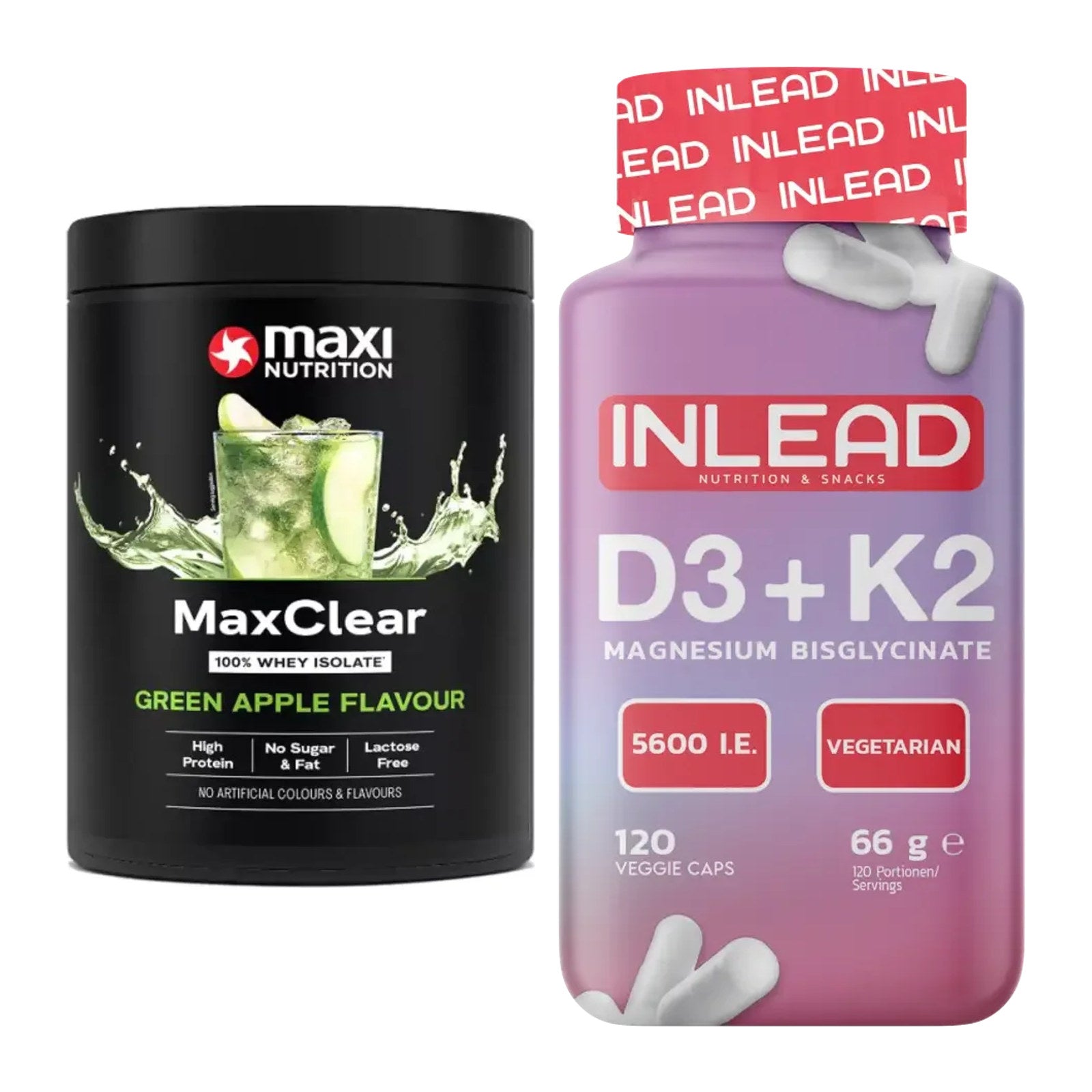 Basis-Set: MaxiNutrition MaxClear 100% + INLEAD Vitamin D3 + K2 – alle enthaltenen Artikel