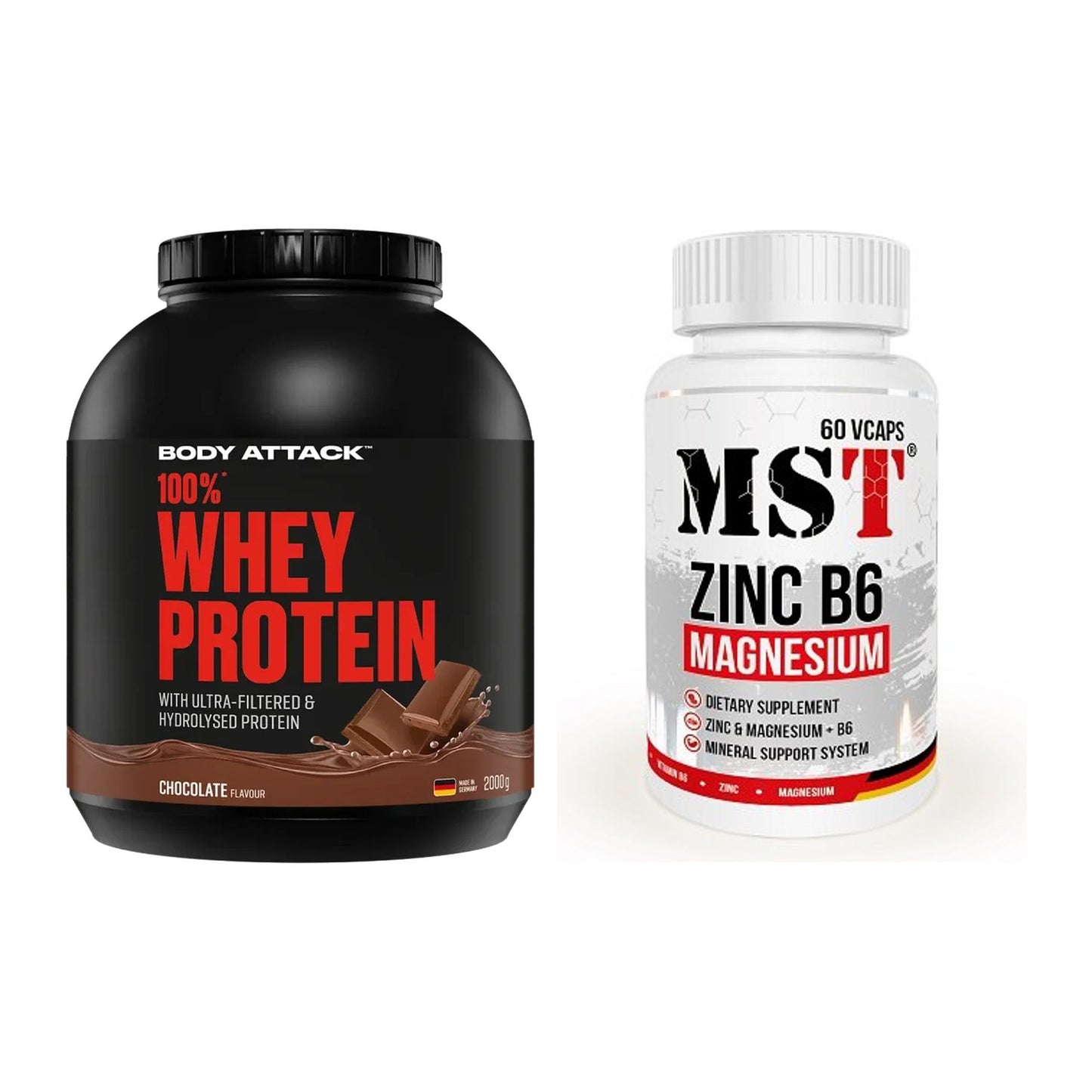 Basis-Set: Body Attack 100% Whey + MST Zinc + Magnesium + B6 60 – alle enthaltenen Artikel