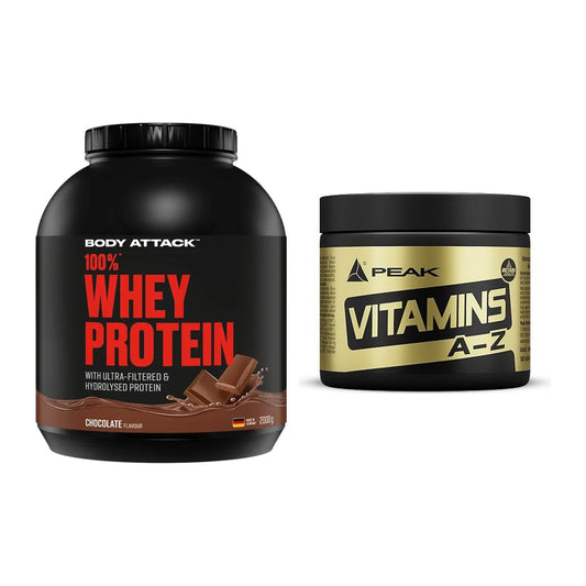Basis-Set: Body Attack 100% Whey Protein + Peak Vitamin A-Z 180 Tabl. – alle enthaltenen Artikel
