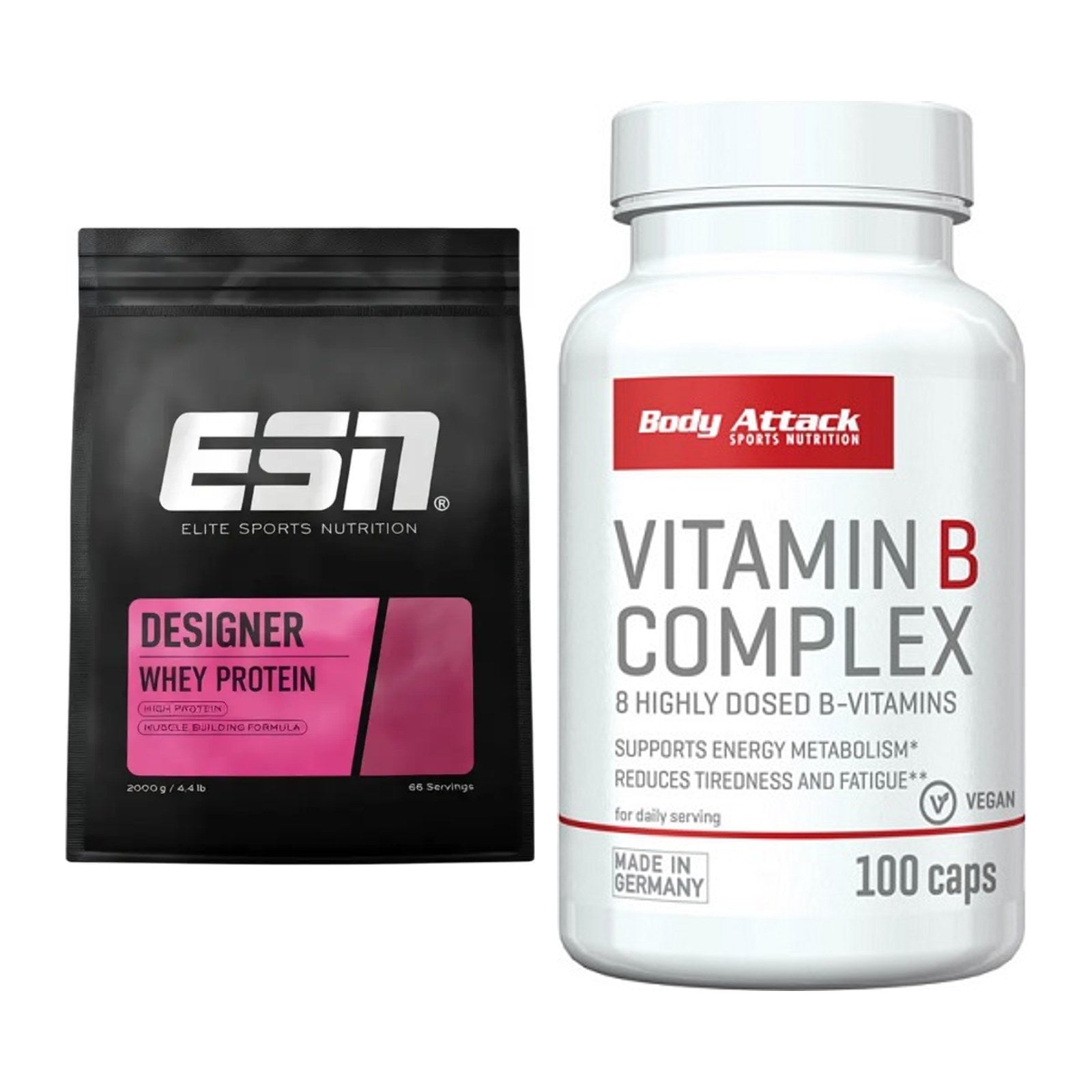 Basis-Set: ESN Designer Whey + Body Attack Vitamin B-Complex – alle enthaltenen Artikel