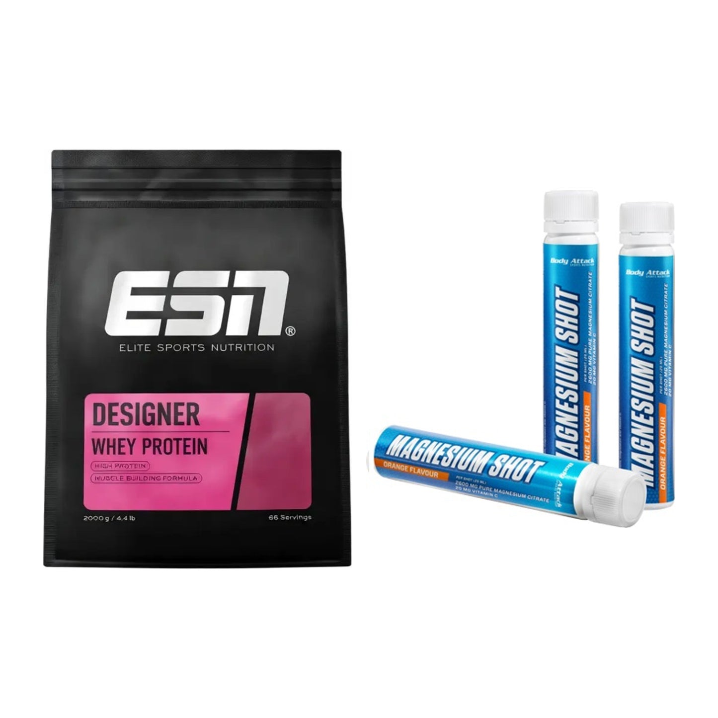 Basis-Set: ESN Designer Whey + Body Attack Magnesium Shots – alle enthaltenen Artikel