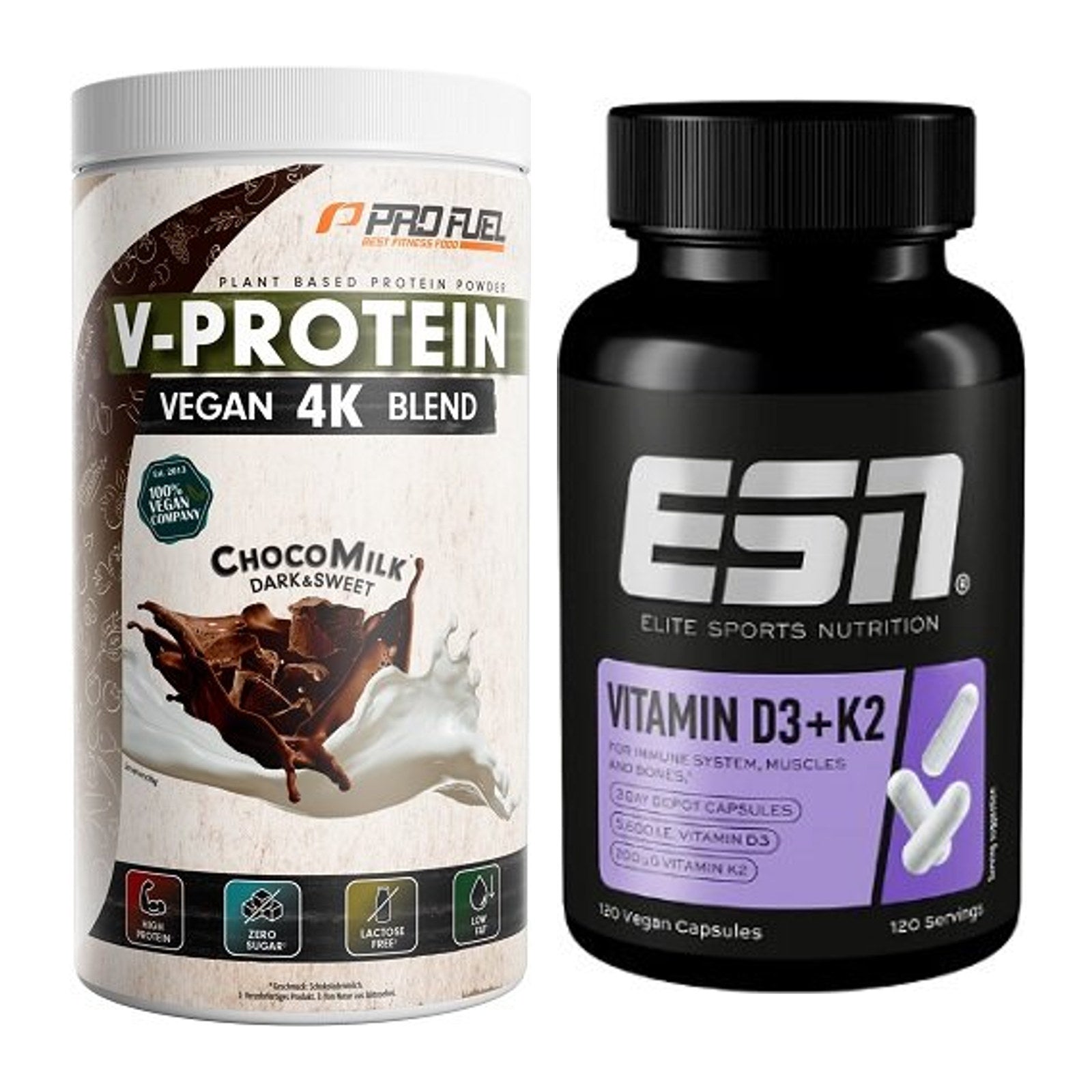 Basis-Set: ProFuel V-PROTEIN vegan 4K blend + ESN Vitamin D3 + K2 – alle enthaltenen Artikel