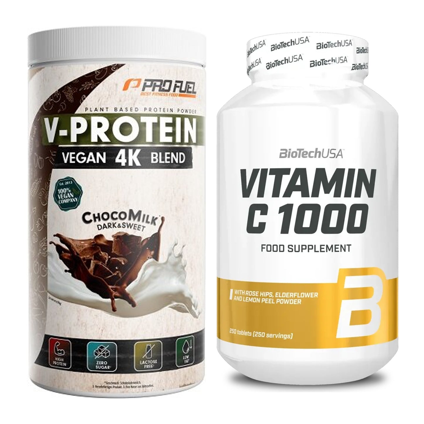 Basis-Set: ProFuel V-PROTEIN vegan 4K + BioTech Vitamin C 1000 250 – alle enthaltenen Artikel