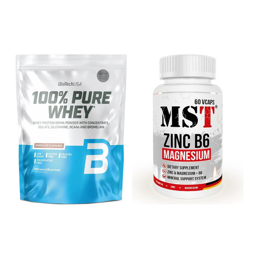 Basis-Set: BioTech 100% Pure Whey + MST Zinc + Magnesium + B6 60 – alle enthaltenen Artikel