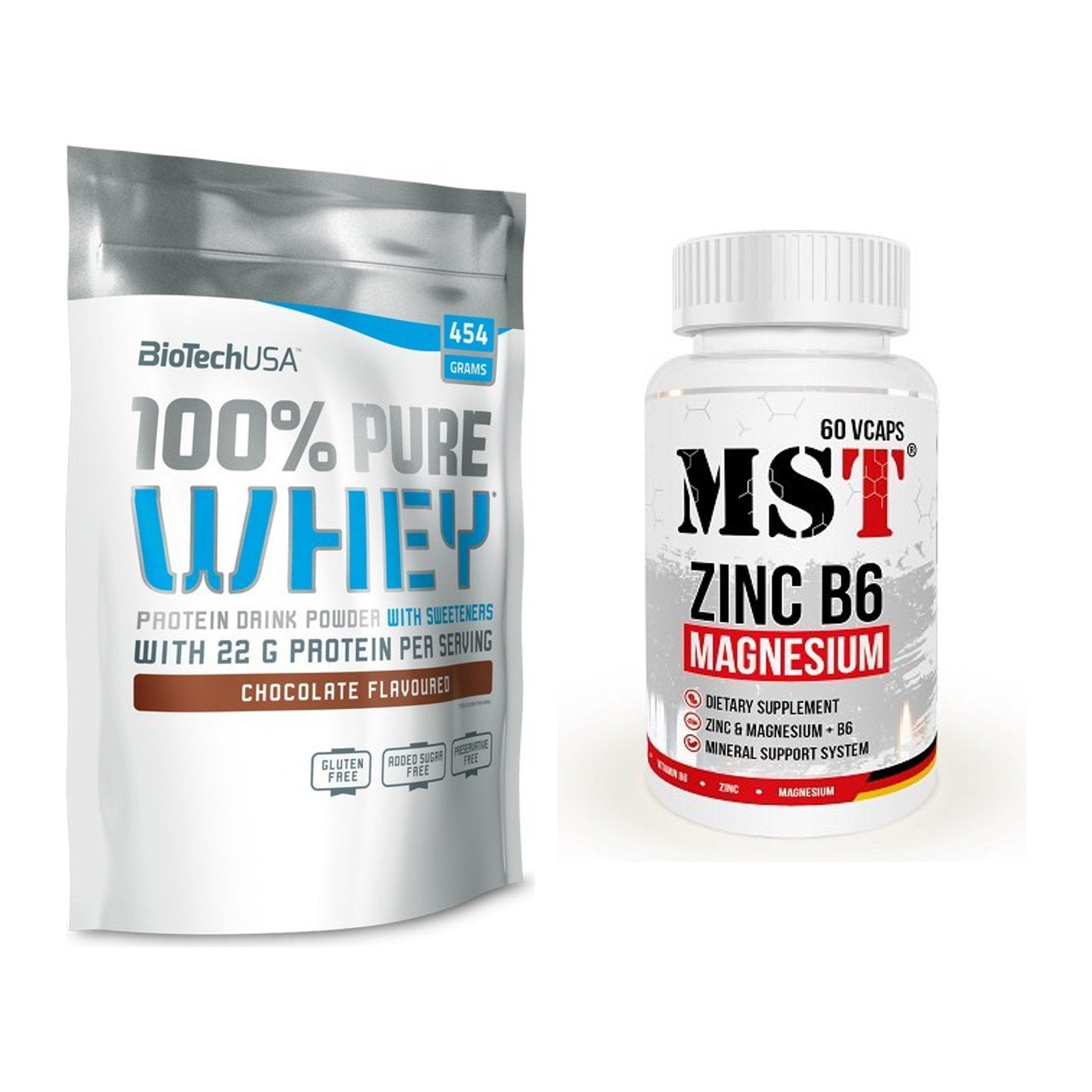 Basis-Set: BioTech 100% Pure Whey + MST Zinc + Magnesium + B6 60 – alle enthaltenen Artikel