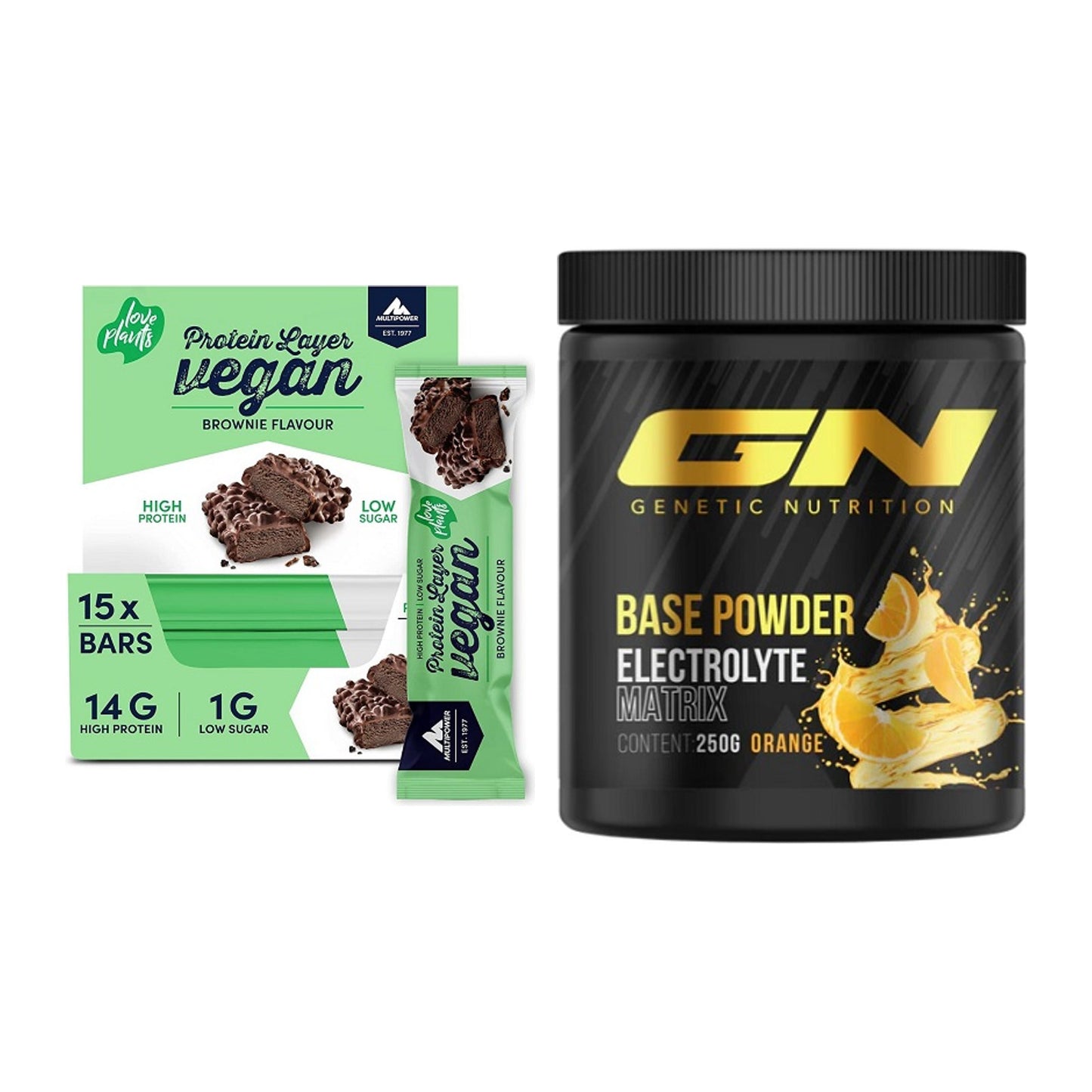 Basis-Set: Multipower Vegan Protein Layer Bar + GN Base Powder – alle enthaltenen Artikel