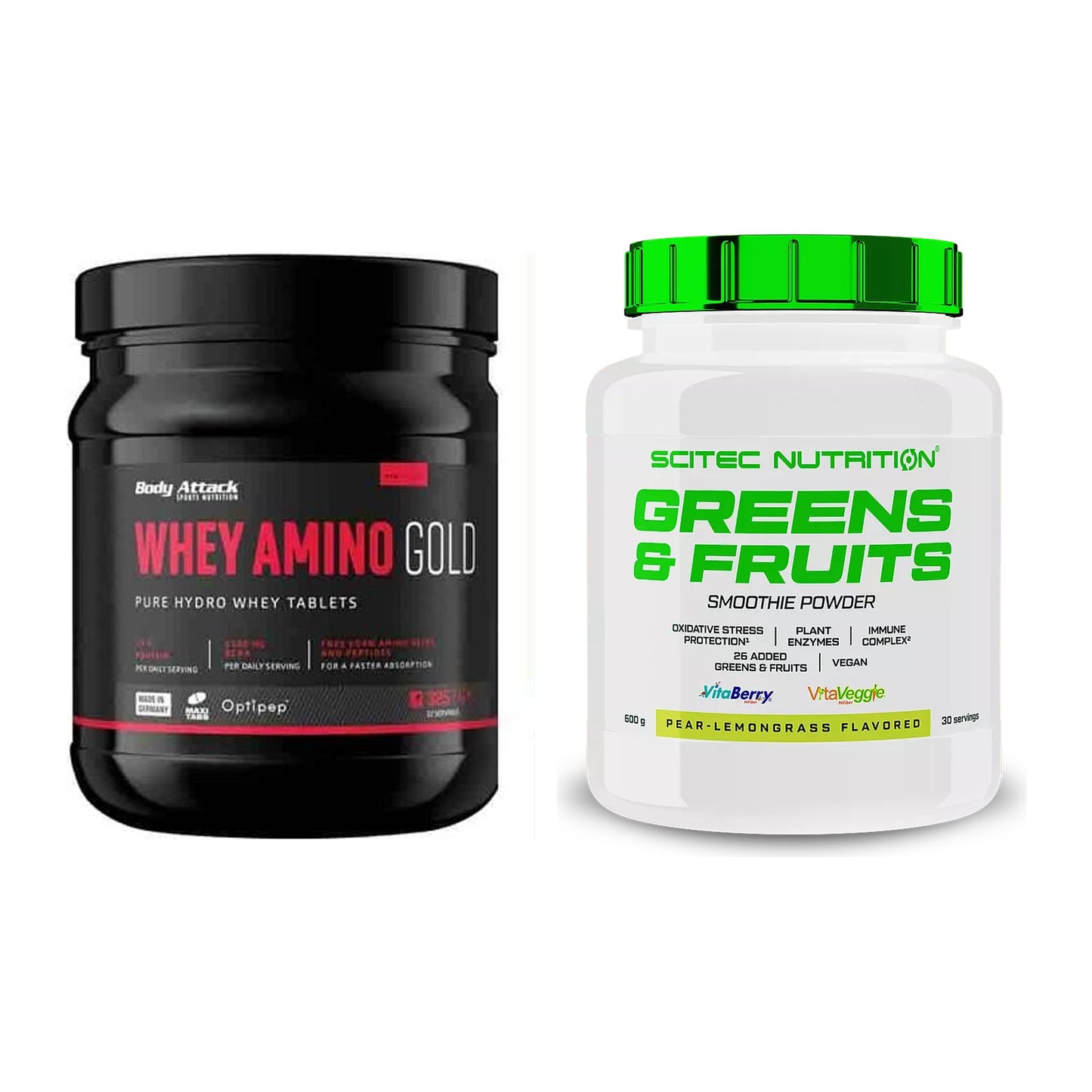 Basis-Set: Body Attack Whey Amino Gold + Scitec Greens & Fruits – alle enthaltenen Artikel