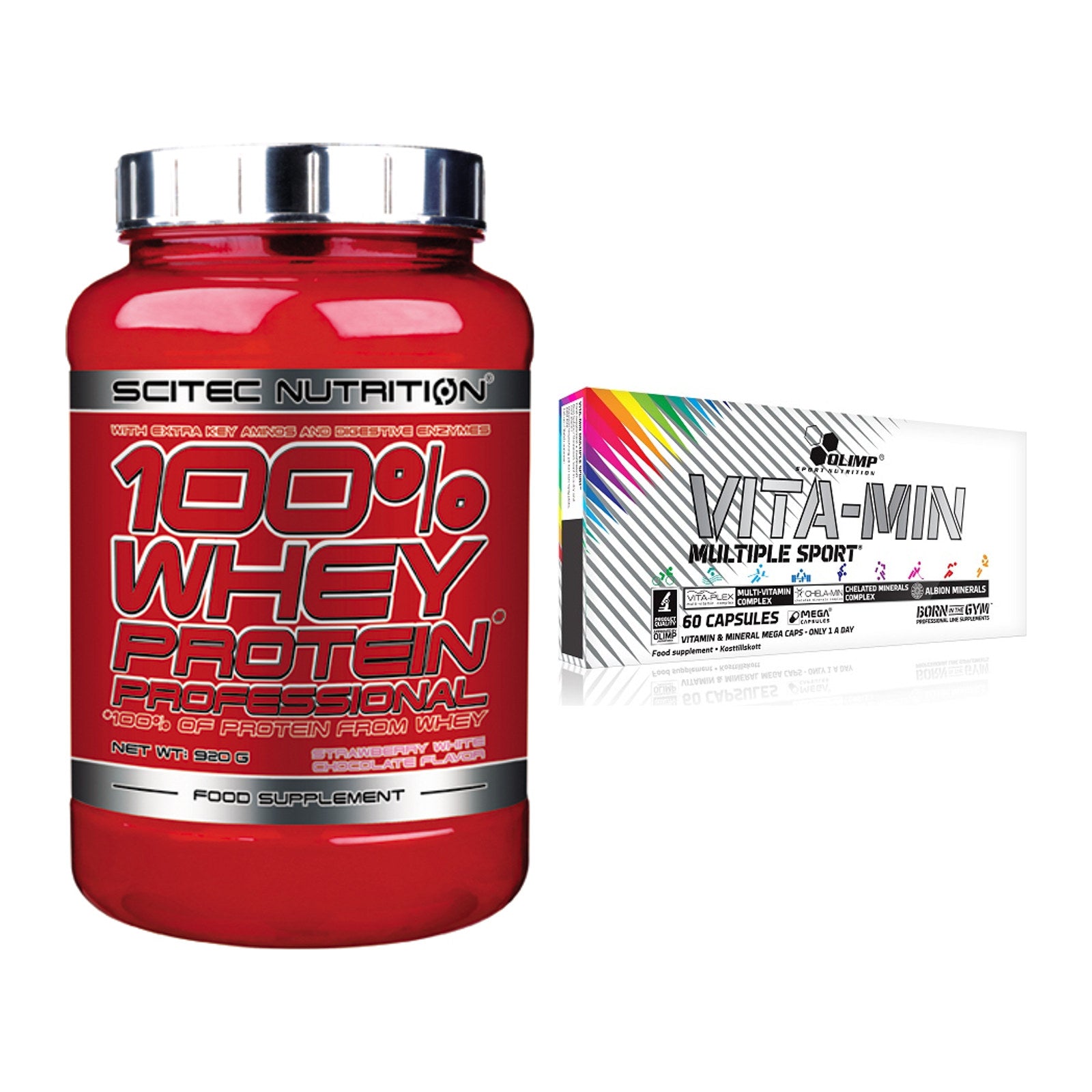 Basis-Set: Scitec 100% Whey + Olimp Vita-Min Multiple – alle enthaltenen Artikel
