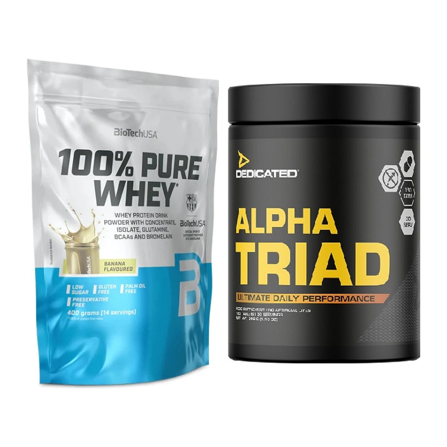 Basis-Set: BioTech 100% Pure Whey + Dedicated Alpha Triad 180 Tabl. – alle enthaltenen Artikel