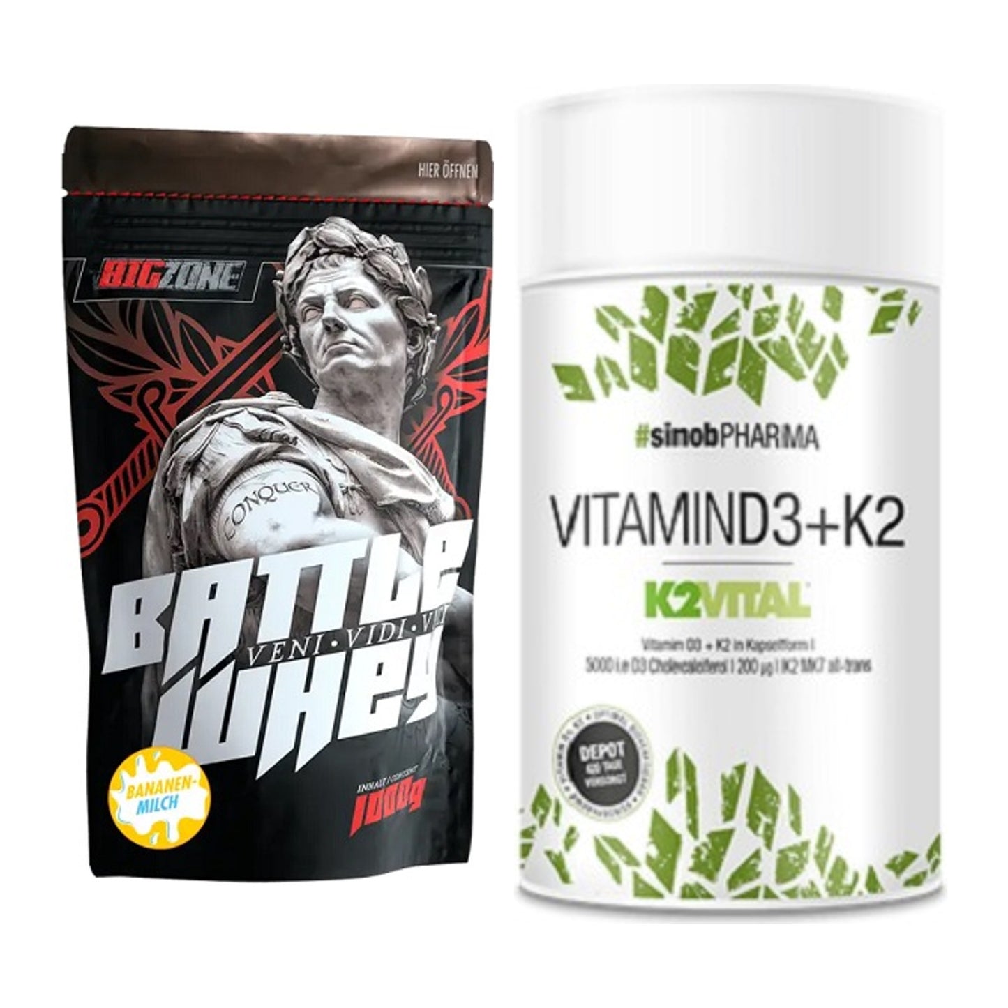 Basis-Set: Big Zone Battle Whey + Sinob Vitamin D3 + K2 – alle enthaltenen Artikel