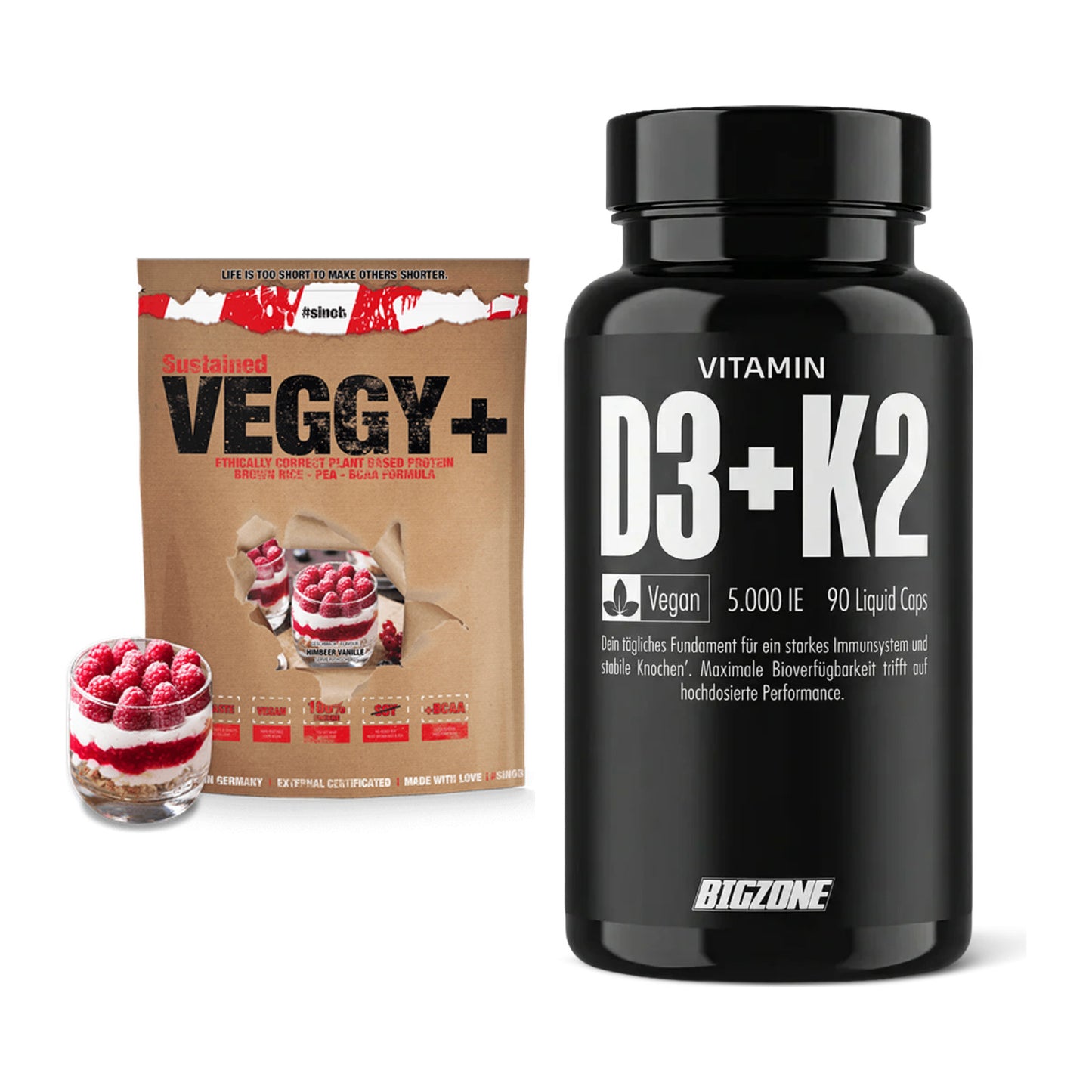 Basis-Set: Sinob VEGGY + VEGAN PROTEIN + Big Zone Vitamin D3 + K2 – alle enthaltenen Artikel
