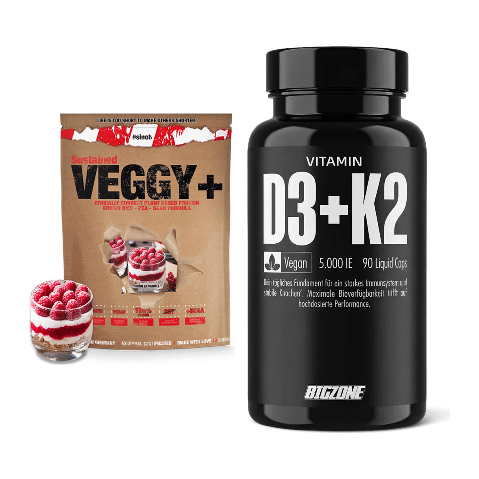 Basis-Set: Sinob VEGGY + VEGAN PROTEIN + Big Zone Vitamin D3 + K2 – alle enthaltenen Artikel