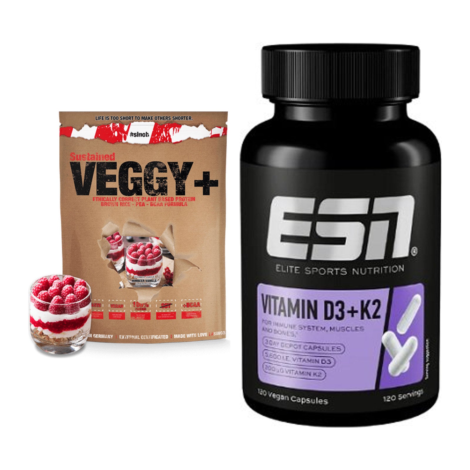 Basis-Set: Sinob VEGGY + VEGAN PROTEIN + ESN Vitamin D3 + K2 – alle enthaltenen Artikel