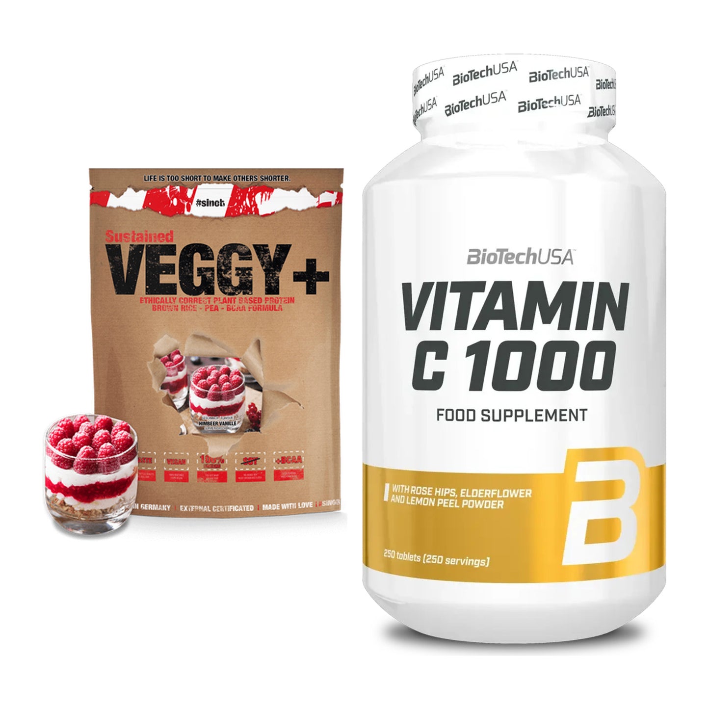 Basis-Set: Sinob VEGGY + VEGAN PROTEIN + BioTech Vitamin C 1000 250 – alle enthaltenen Artikel