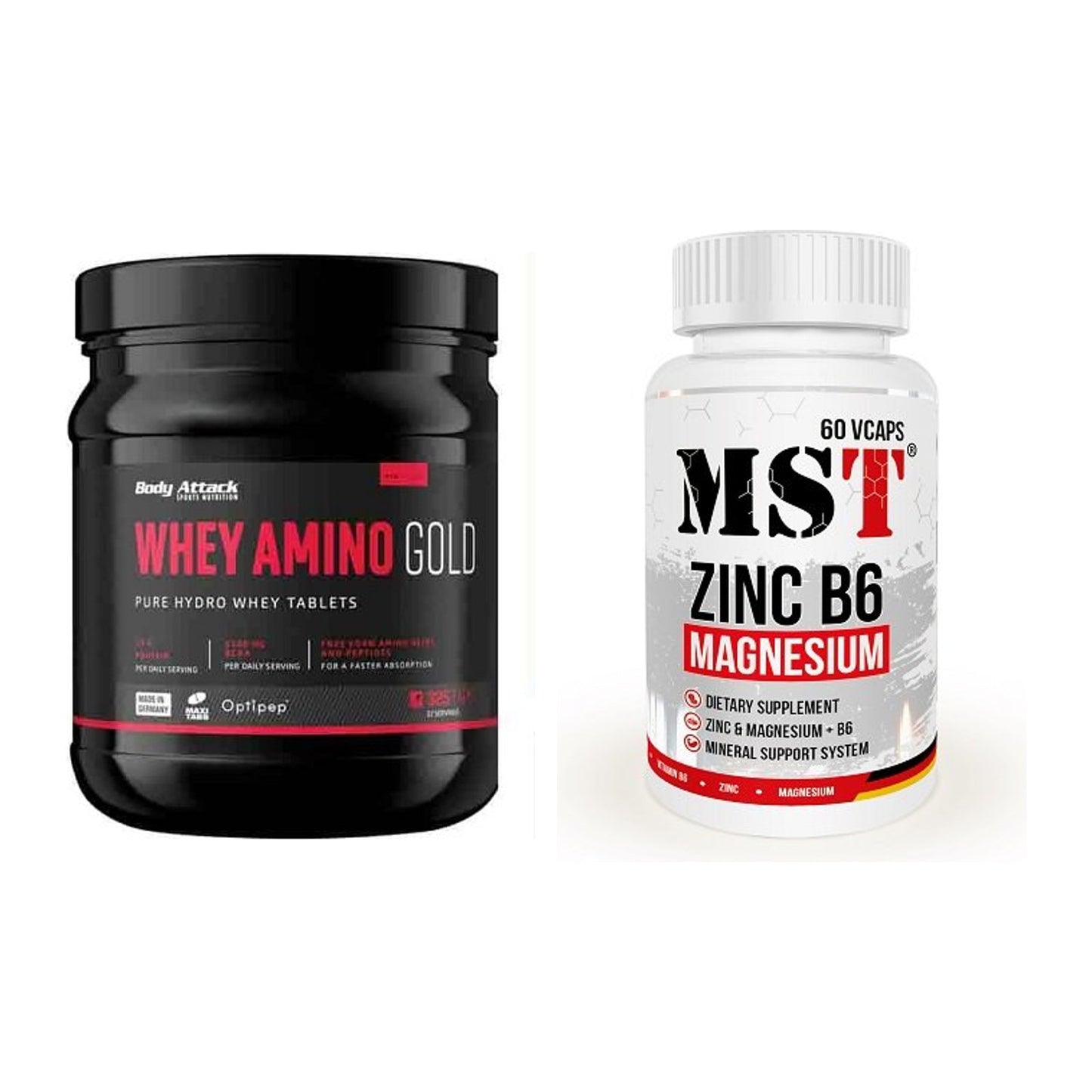 Basis-Set: Body Attack Whey Amino Gold + MST Zinc + Magnesium + B6 60 – alle enthaltenen Artikel