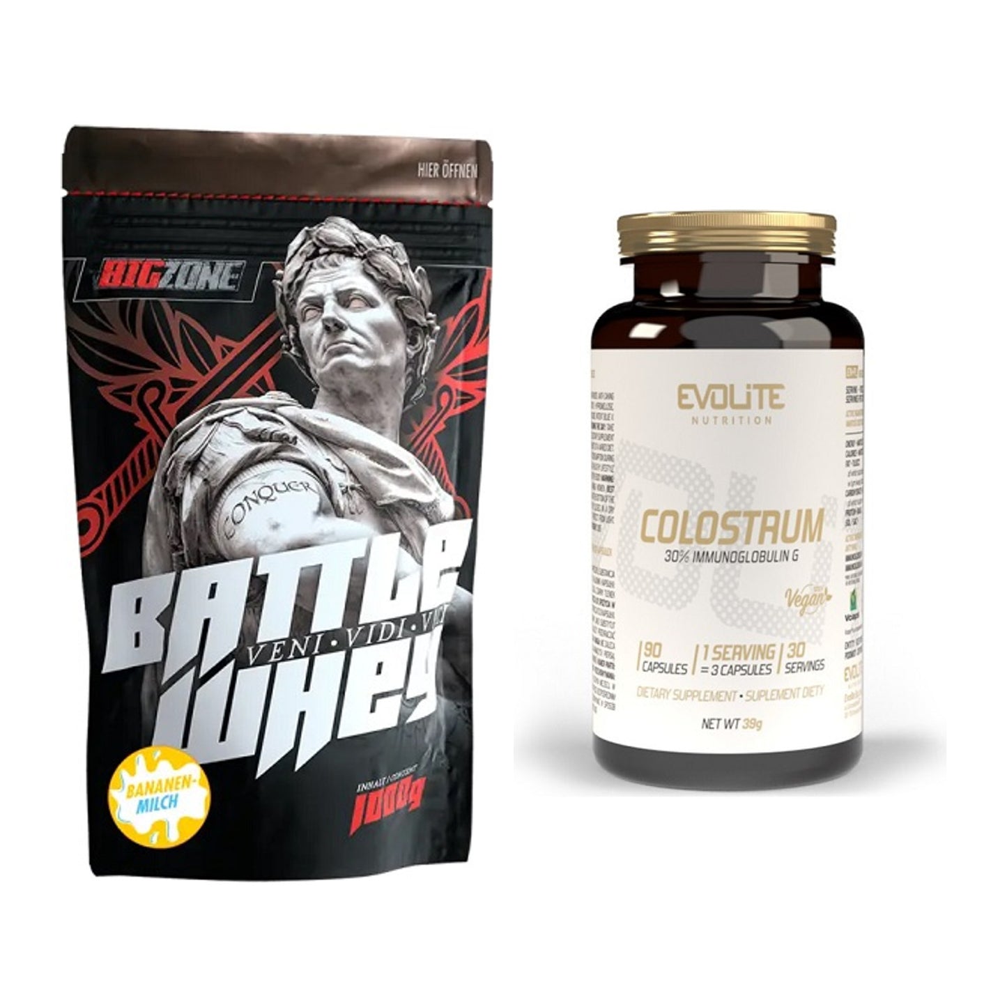 Basis-Set: Big Zone Battle Whey + Evolite Nutrition Colostrum 30% – alle enthaltenen Artikel