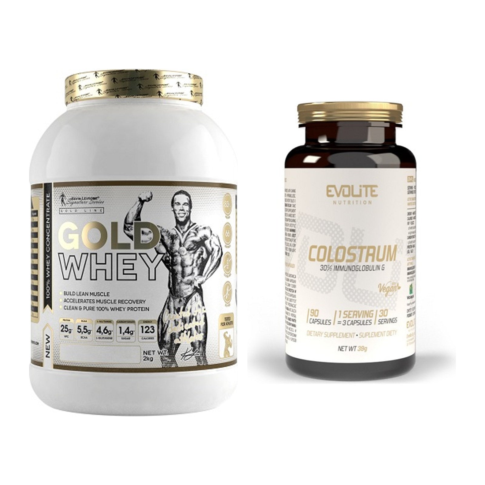 Basis-Set: Kevin Levrone Gold Whey + Evolite Nutrition Colostrum 30% – alle enthaltenen Artikel