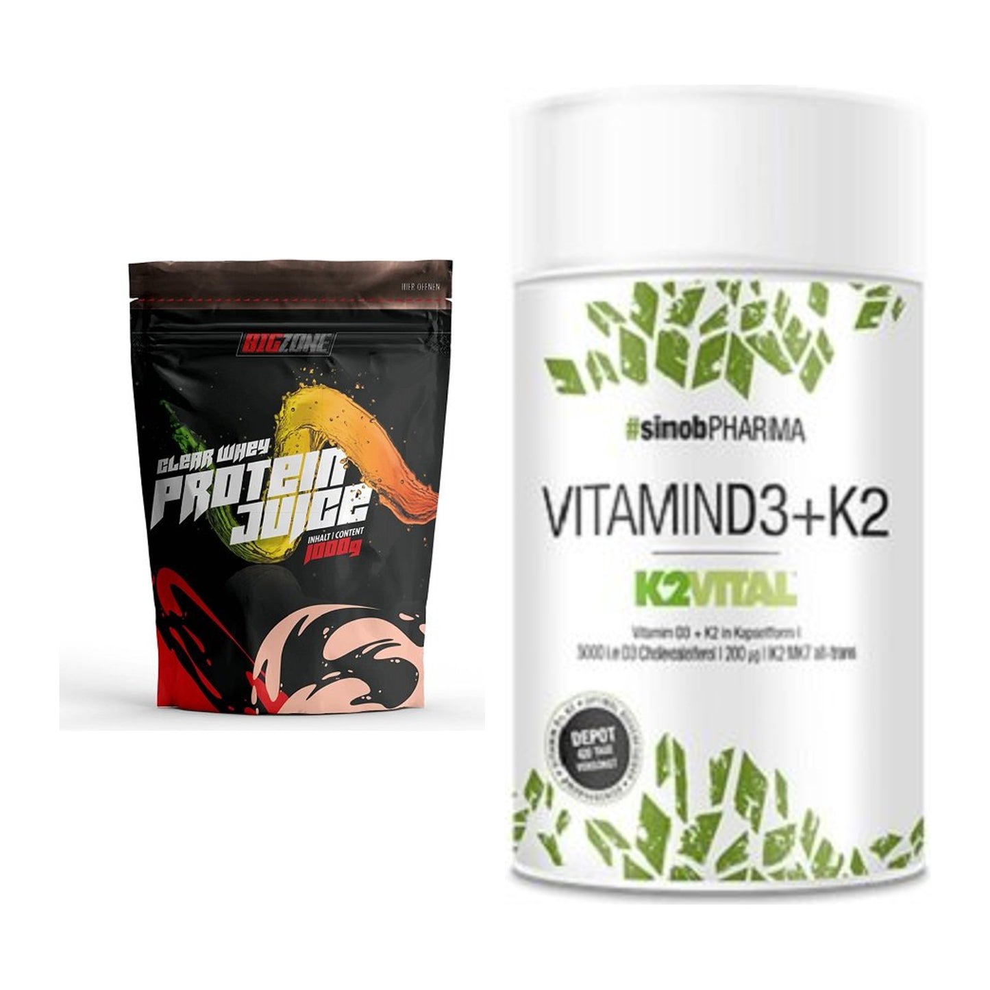 Basis-Set: Big Zone Clear Whey Protein Juice + Sinob Vitamin D3 + K2 – alle enthaltenen Artikel