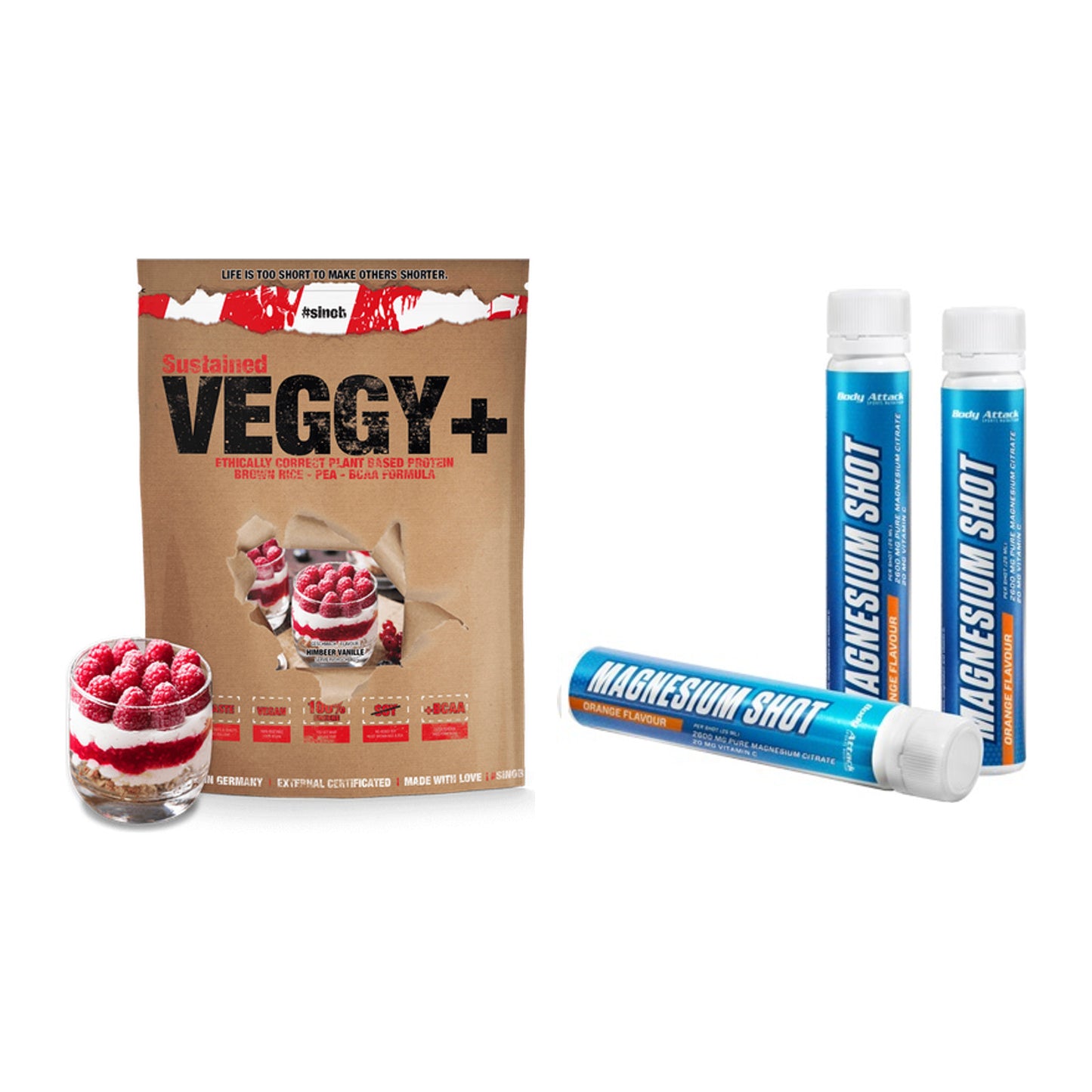 Basis-Set: Sinob VEGGY + VEGAN PROTEIN + Body Attack Magnesium Shots – alle enthaltenen Artikel